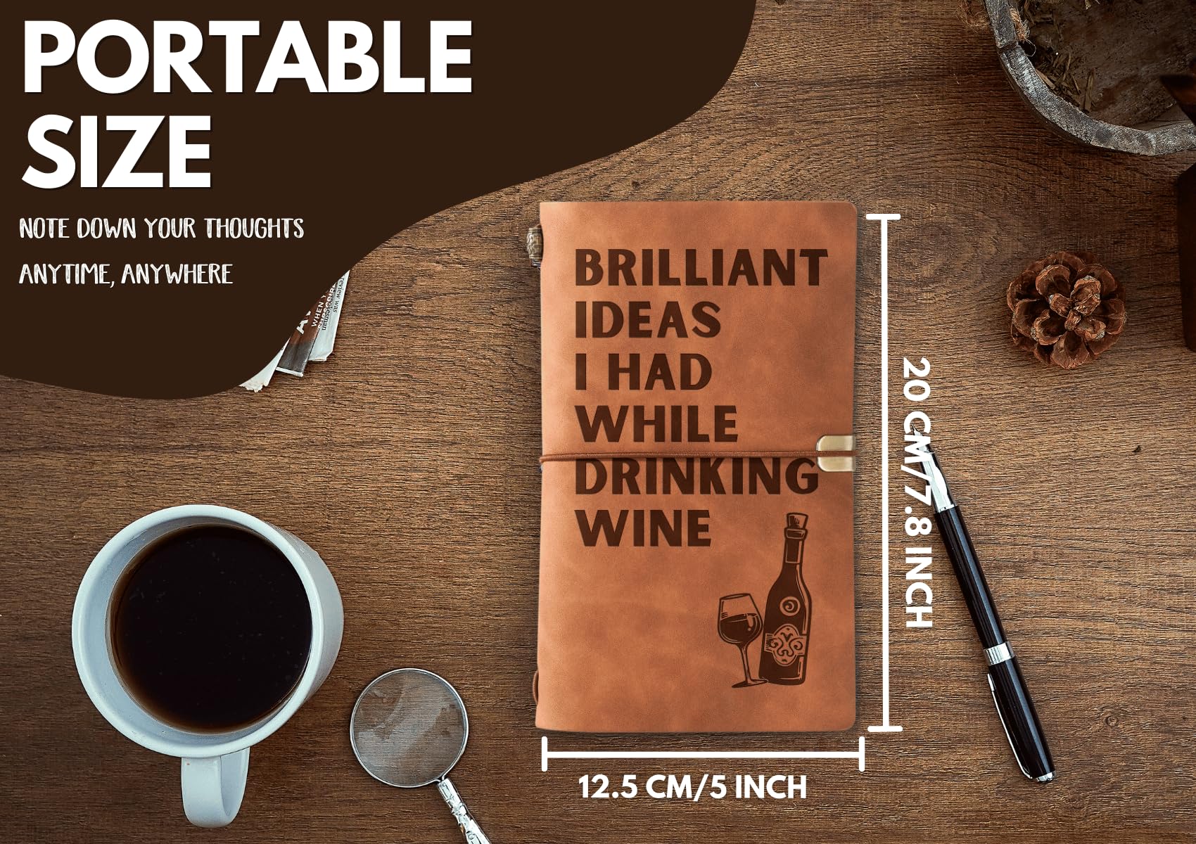 InnoBeta Wine gifts Leather Journal Notebook with Pen, for Wine Lovers, Men, Women on Birthday, Refillable Sketchbook, Travel Diary, Lined Planner, 7x5 Inches, Brown