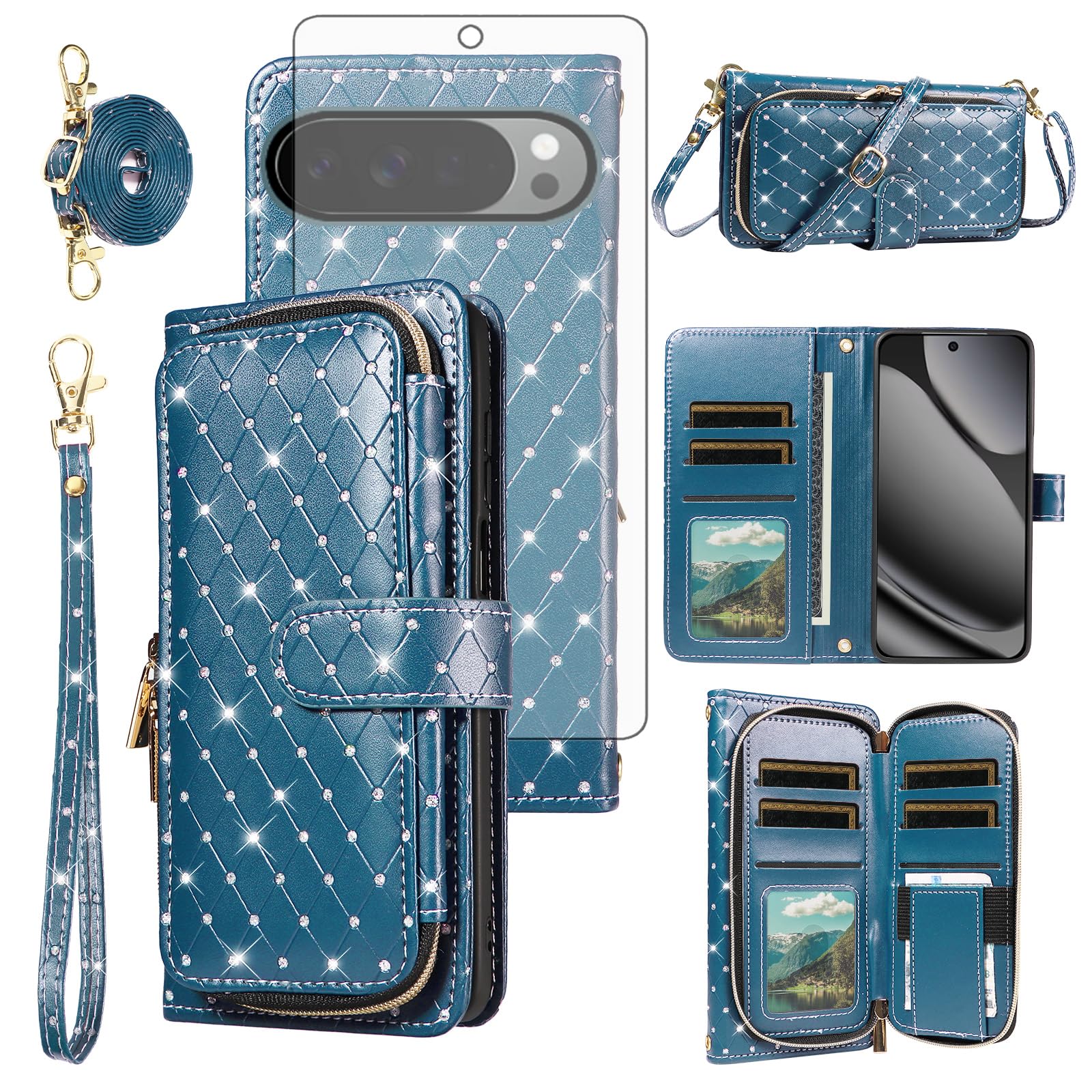 Funda tipo cartera para Google Pixel 9 Pro XL con cierre de cremallera y protector de pantalla de vidrio templado, correa cruzada, tarjetero, con purpurina, Pixel9, 9Pro, 9ProXL, nueve mujeres y niñas