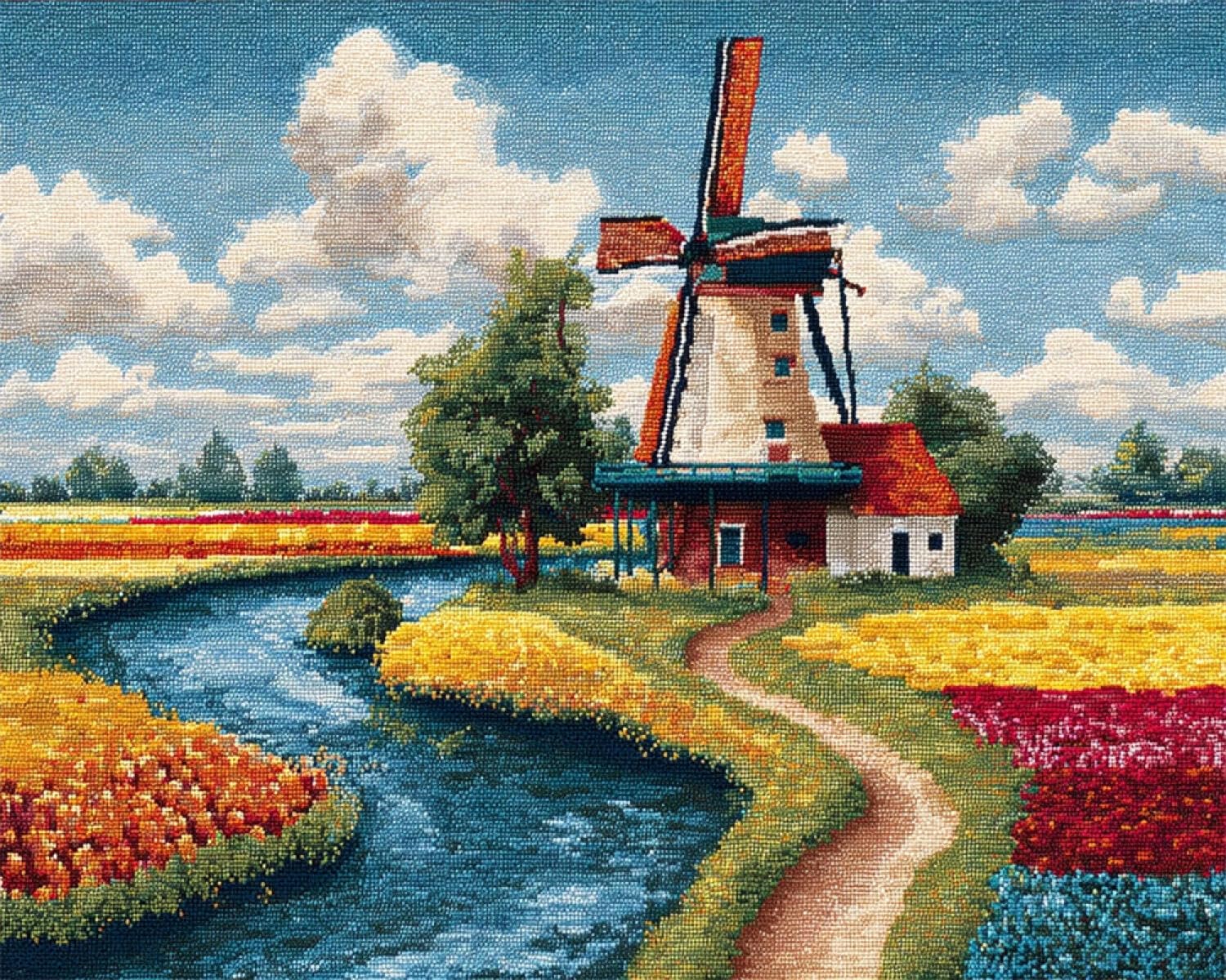 Henypt DIY Latch Hook Rug Kits Flower Field Windmill 52x38cm