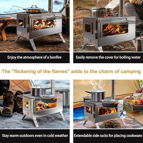 Miniatura 7 de unho - Estufa de leña caliente, estufa de leña portátil con 6 tubos de chimenea de acero inoxidable para calefacción y cocina al aire libre, pesca