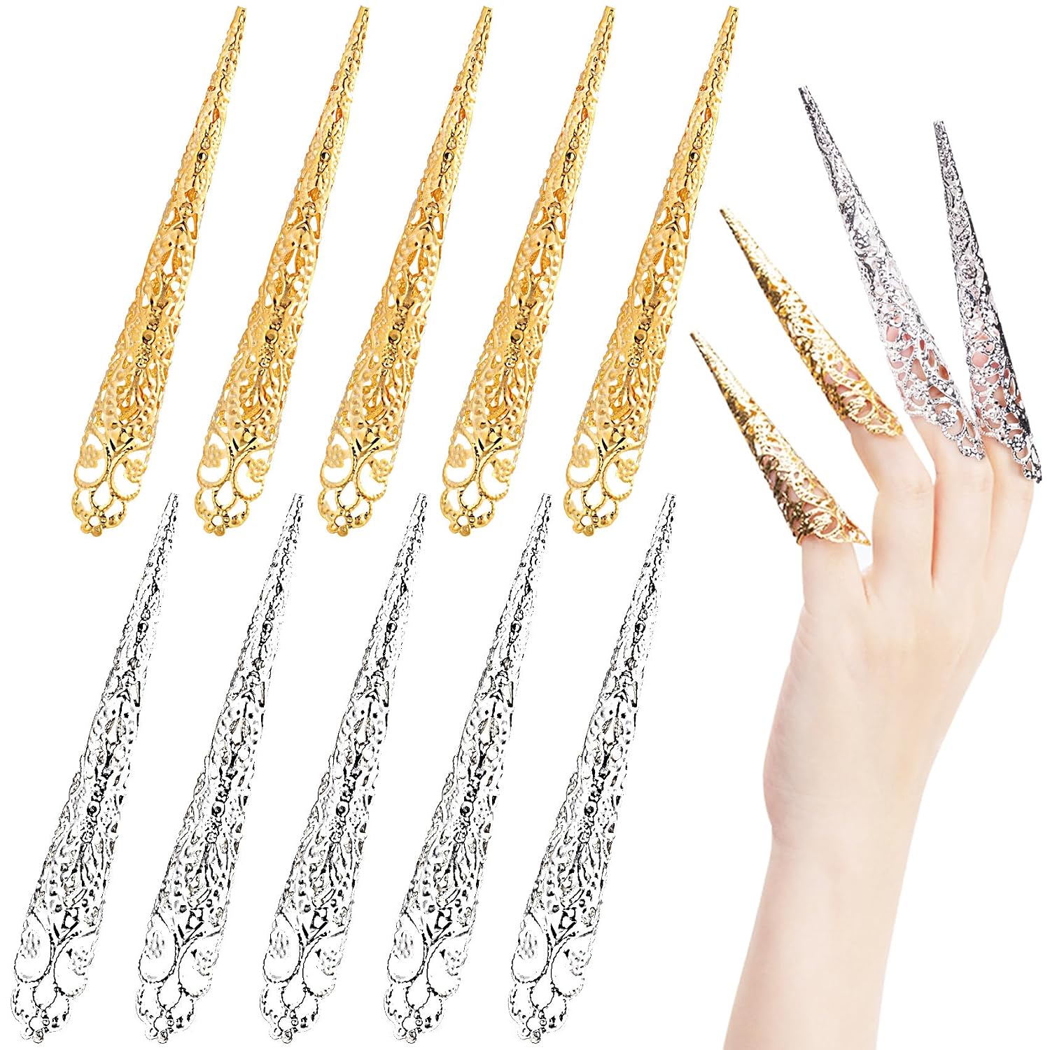 HINZIC 20pcs Finger Nail Claw Ring, Halloween Goth Fingertip Claw Finger Knuckle Protector, Ancient Queen Costume Metal Nail Ring Decoration Accessories for Cosplay Show Drama Dance- Black