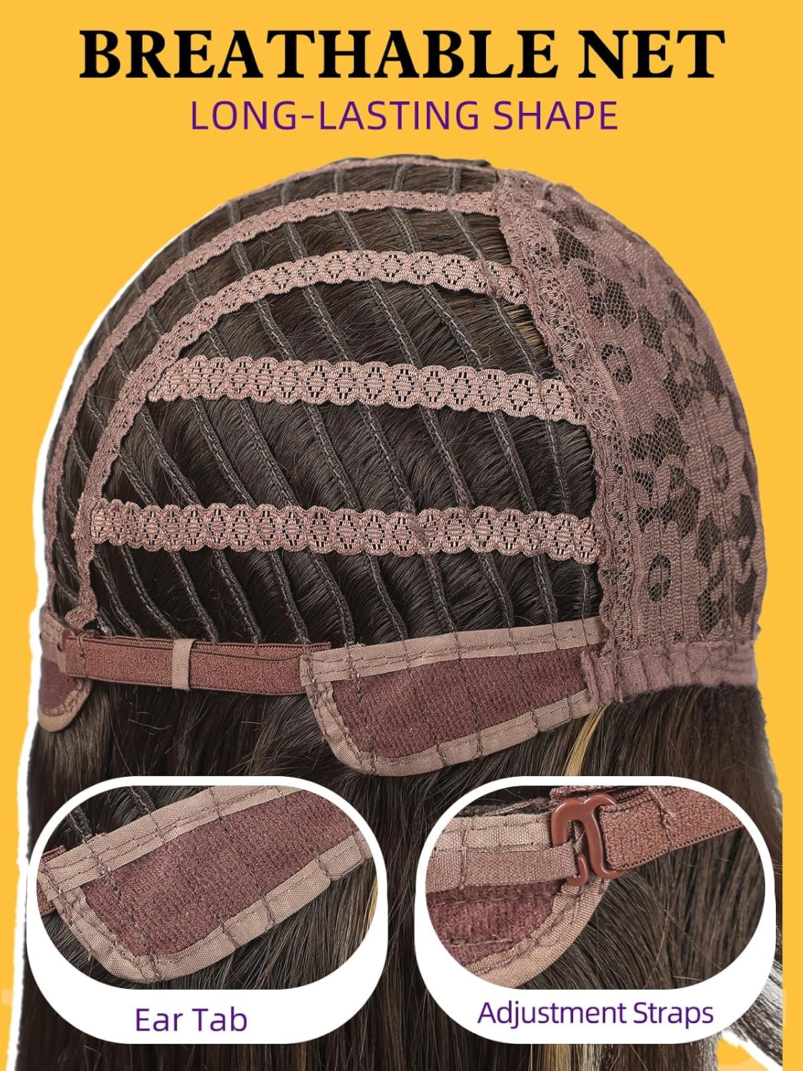 Long Wavy Human Hair Wigs with Bangs for Women Brown Blonde Highlight Layered Glueless Breathable Lightweight for Party Daily Use (Natural Brown,26 Inch)