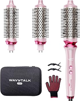 طقم فرشاة حرارية أيونية Wavytalk Heatwave Pro، فرشاة دائرية ساخنة بثلاثة أحجام للشعر القصير والطويل، أيونات سلبية ثنائية الجانب لتصفيف الشعر اللامع بدون تجعد، وردي