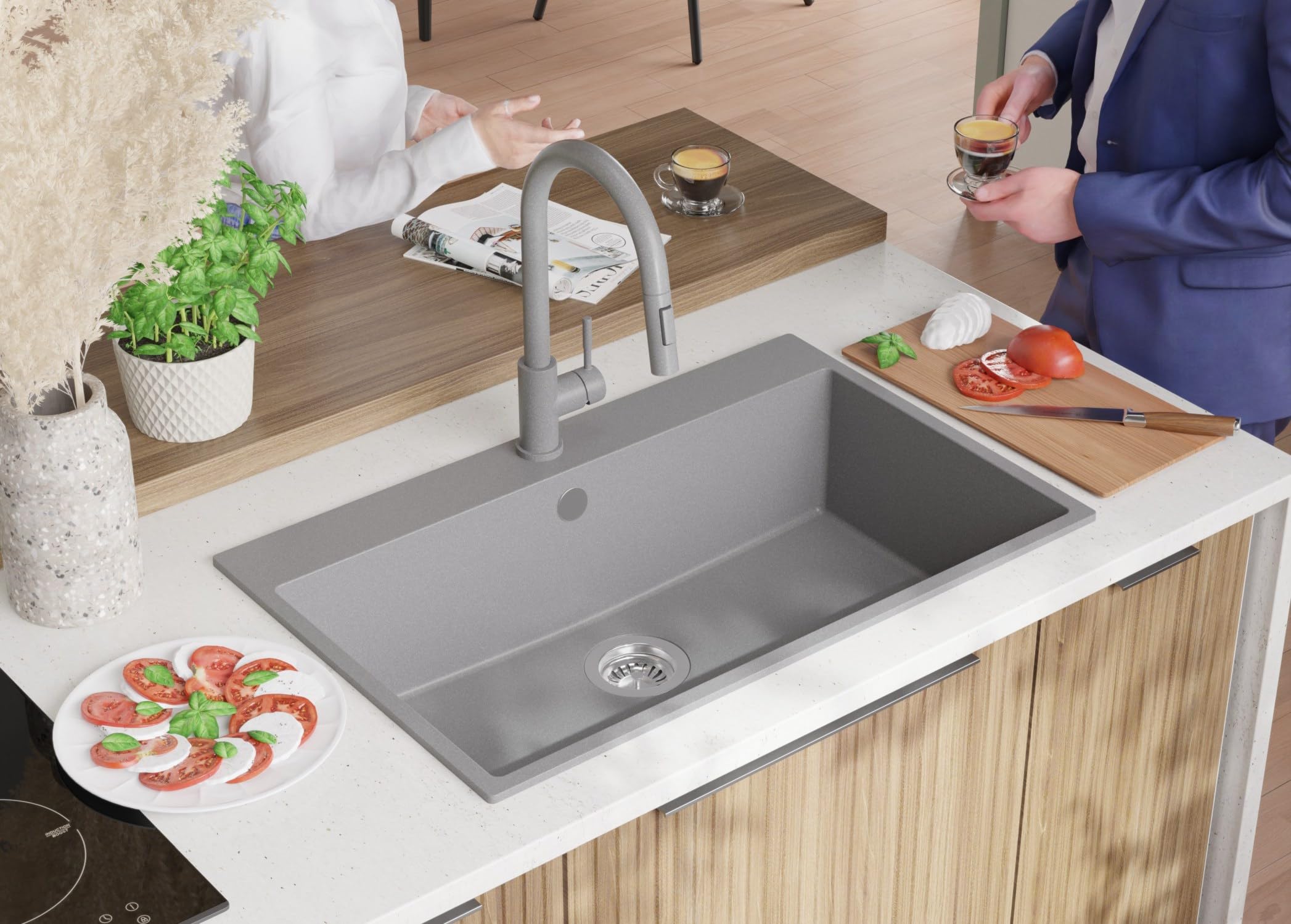 PRIMAGRAN Evier Cuisine en Granit Gris - Riga, 78x50cm | Lavabo 1 Bac + Kit de Vidage, Évier à Encastrer au Meuble 80cm (S399)