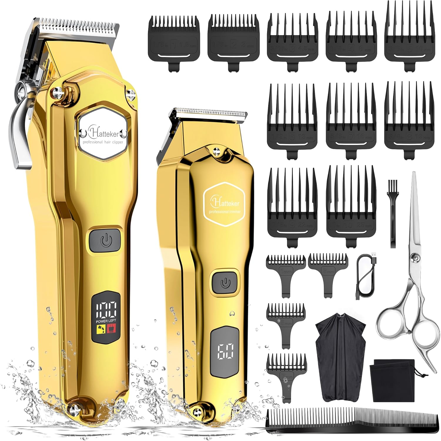 Hatteker Professionele tondeuse Mannen baard- en haartondeuse Tondeuse met schaar Snoerloze set Verwijderbaar T-mes Waterdichte tondeuse voor lang haar (goud)