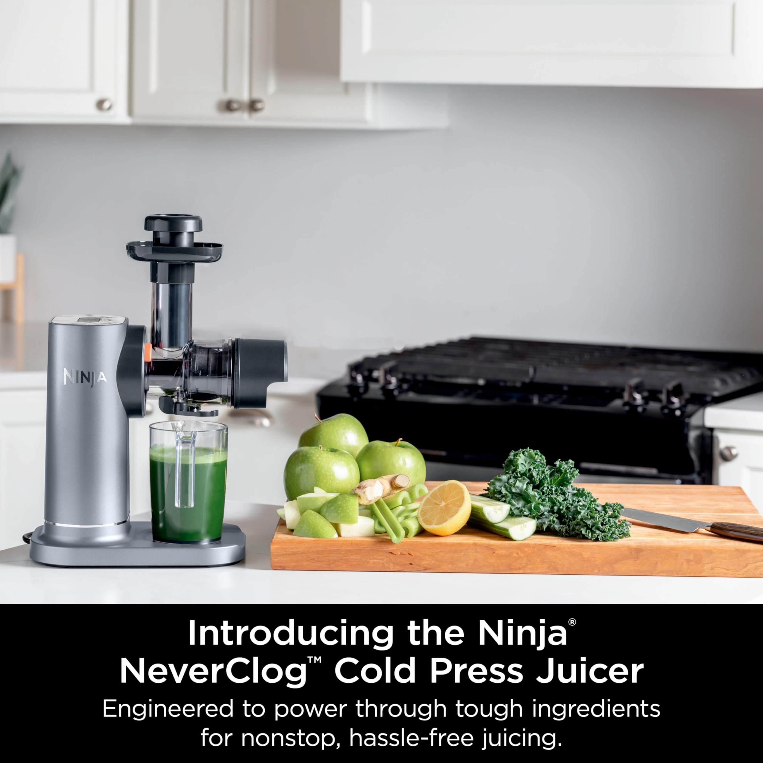 Ninja NeverClog 150 W Cold Press Juicer with 18oz Jug, 30oz Pulp Container, 2-Speed, Compact, Anti-drip lever (JC150) (Renewed)