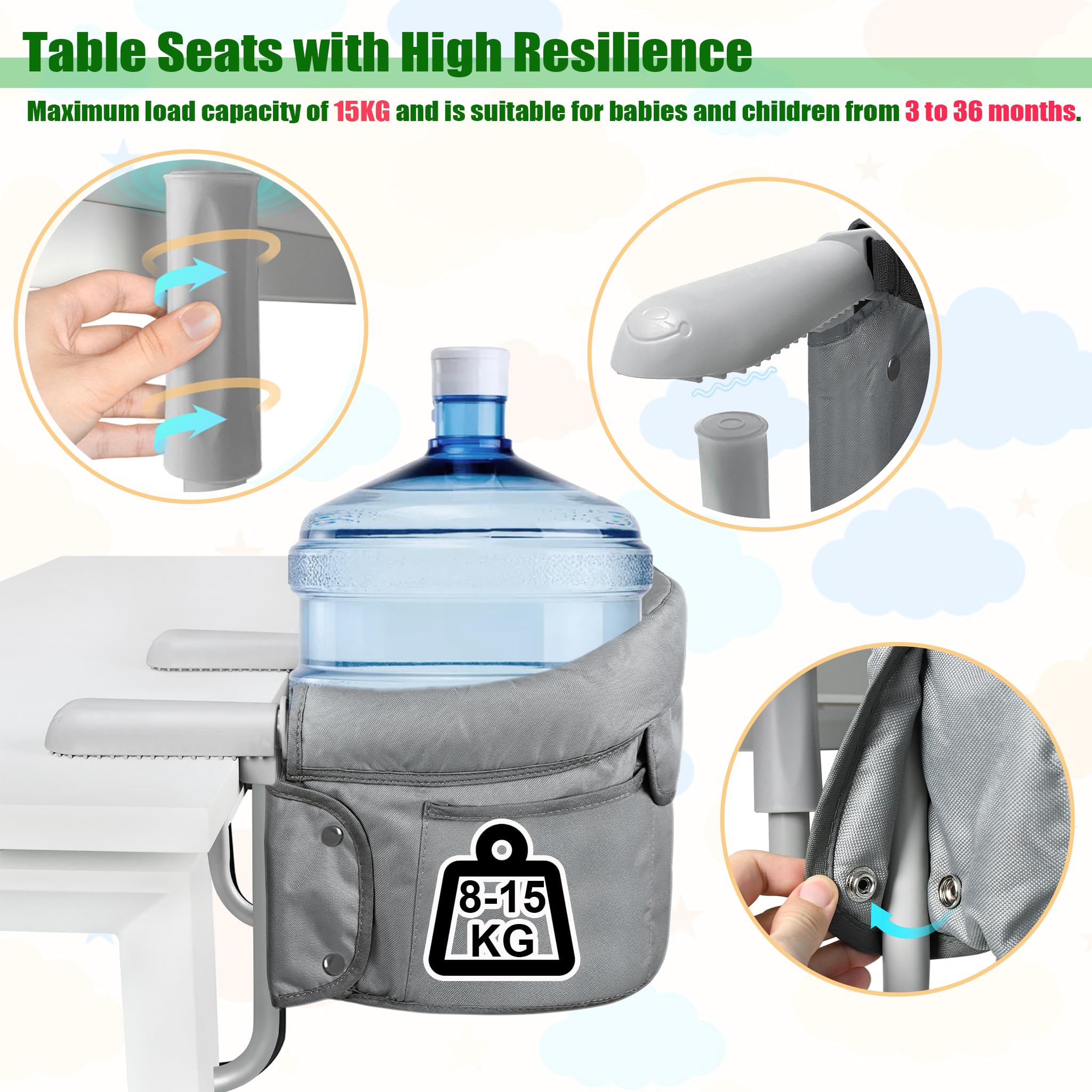 Faltbare Tischsitze Baby Boostersitze mit 3-Punkt Sicherheitsgurt & Anti-Rutsch-Klemmen Ergonomischer Kinder Esszimmerstuhl Sitzerhöhungen Tragbar Babysitz für Zuhause & Reise (Grau)