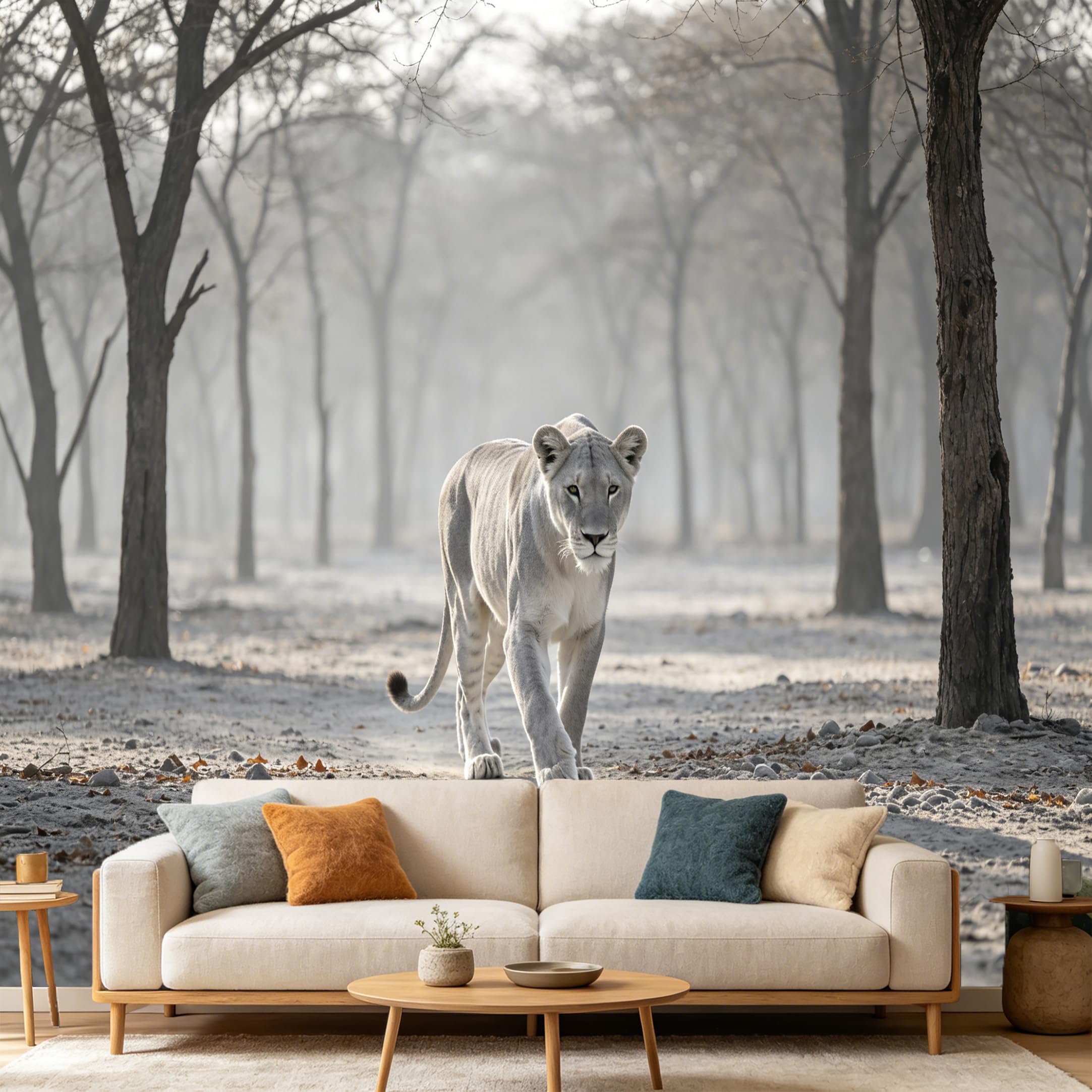 Custom Size Wall Mural White Lion Wildlife Forest Foggy Morning Nature Landscape SelfAdhesive Art Prints wall Fabric(No PVC) Removable Wallpaper Home Bedroom Decor