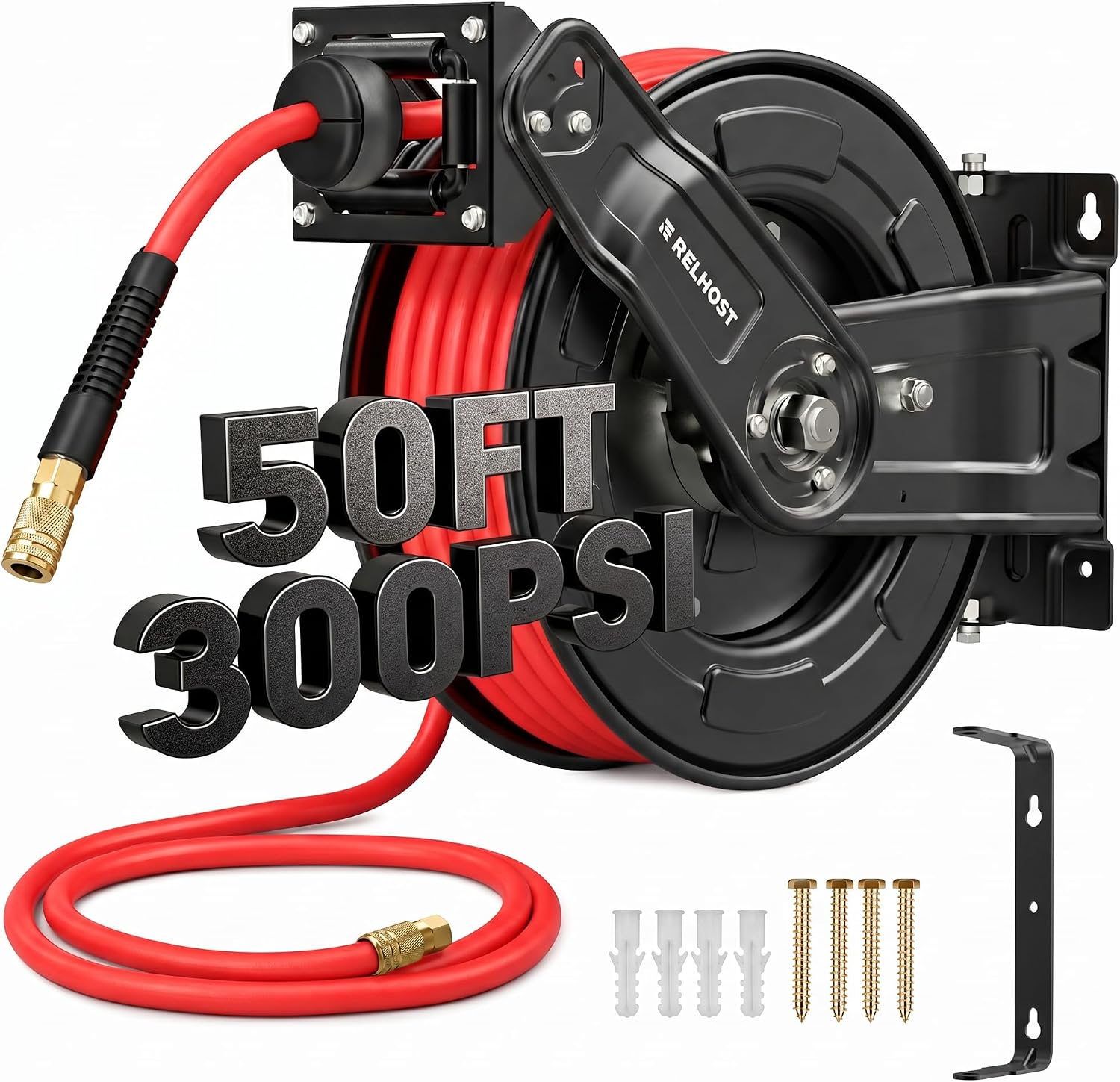 Retractable Air Hose Reel, 50 ft x 3/8 in SBR Rubber Hose Max 300PSI, Heavy Duty Air Compressor with Dual Arms, Auto Rewind, 180° Swivel Ceiling/Wall Mount for Garages, Workshops