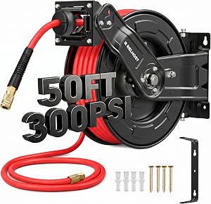 Retractable Air Hose Reel, 50 ft x 3/8 in SBR Rubber Hose, Max 300 PSI, Heavy Duty with Dual Arms, Auto Rewind, 180° Swivel Ceiling/Wall Mount