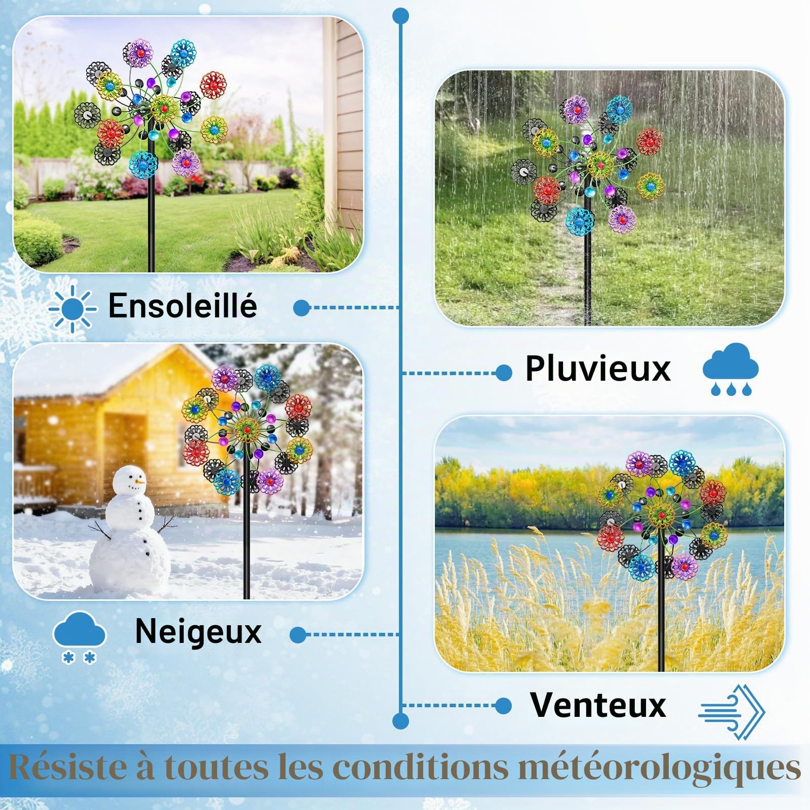 Moulin à vent cinétique d'extérieur avec piquet en métal, sculptures et toupies à vent en métal, moulins à vent imperméables pour cour et jardin (couleur neige)