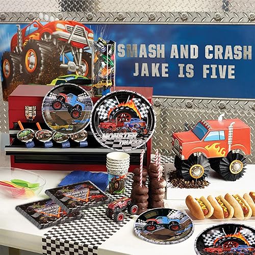 Miniatura 5 de 96 piezas Monster Truck suministros para fiesta de cumpleaños, platos de camión monstruo, servilletas, tenedores, camión monstruo, vajilla para