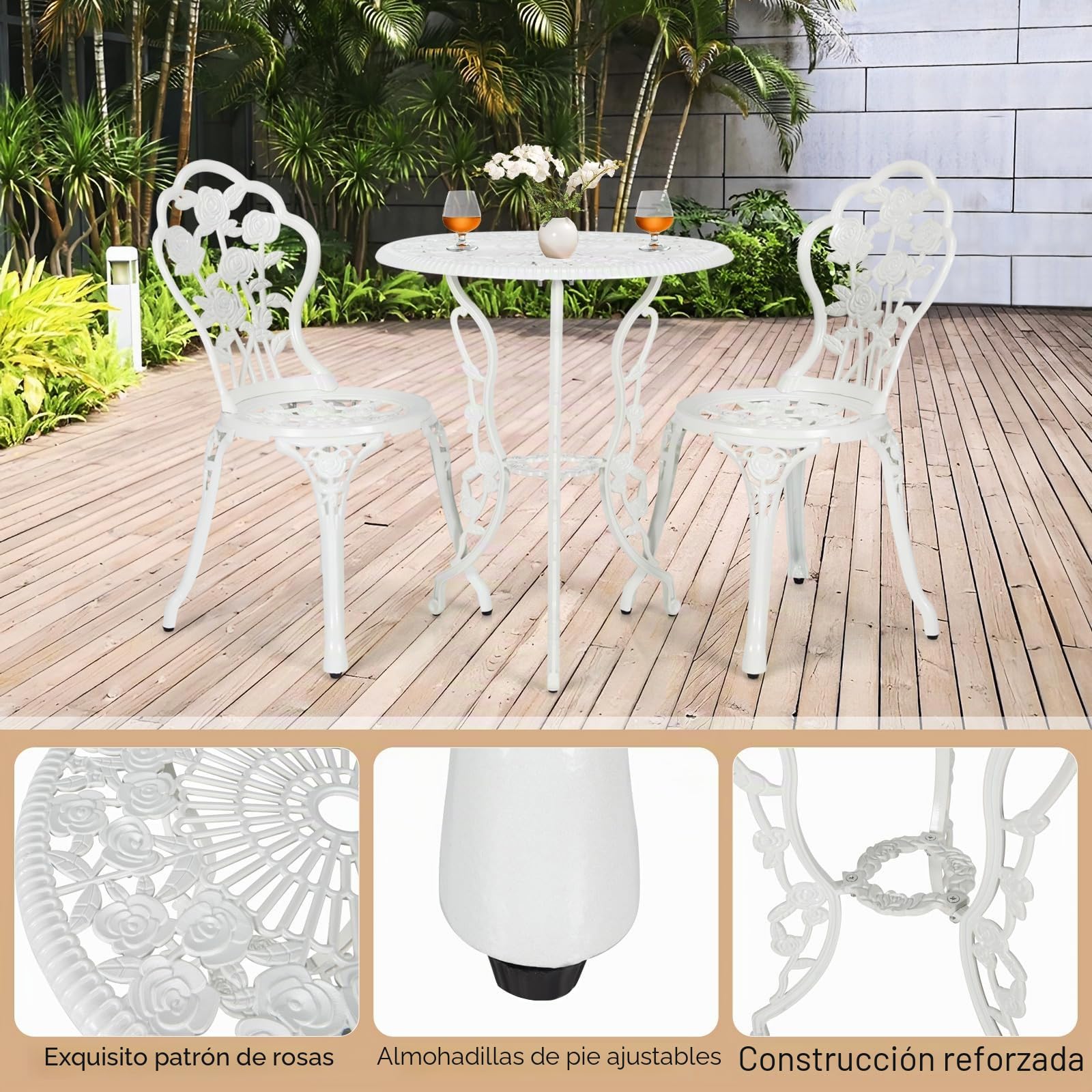 GIANTEX Juego de Mueble de Jardín 3 Piezas, 1 Mesa y 2 Sillas con Respaldo, de Aluminio, Mueble de Terraza de Estilo Retro, con Agujero para Sombrilla, para Jardín, Terraza o Parque (Blanco)