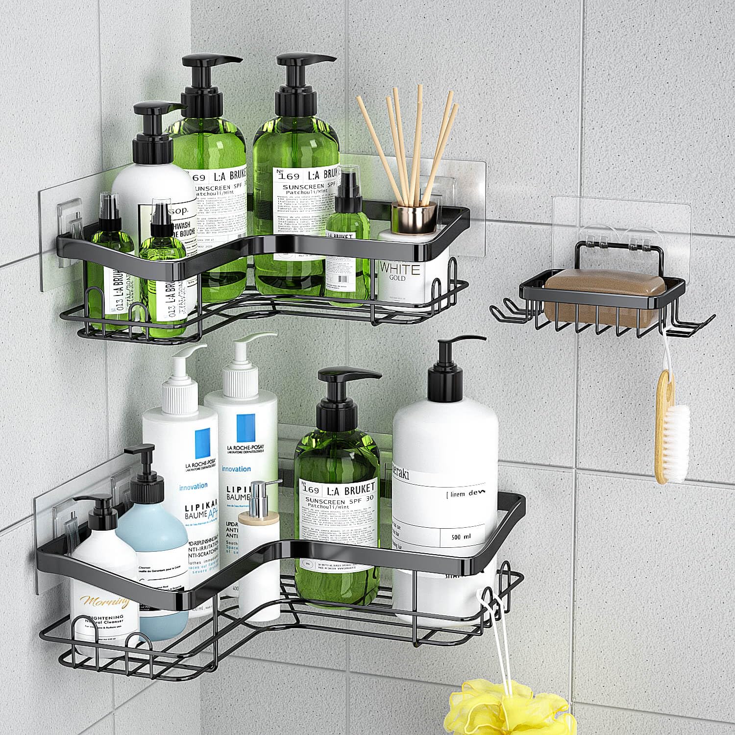 Corner Shower Caddy, 3 Pack Adhesive Shower Organizer with 12 Hooks, No Drilling Rustproof Stainless 2 Pieces Shower Shelves with 1 Piece Soap Holder for Bathroom, Black Storage Racks