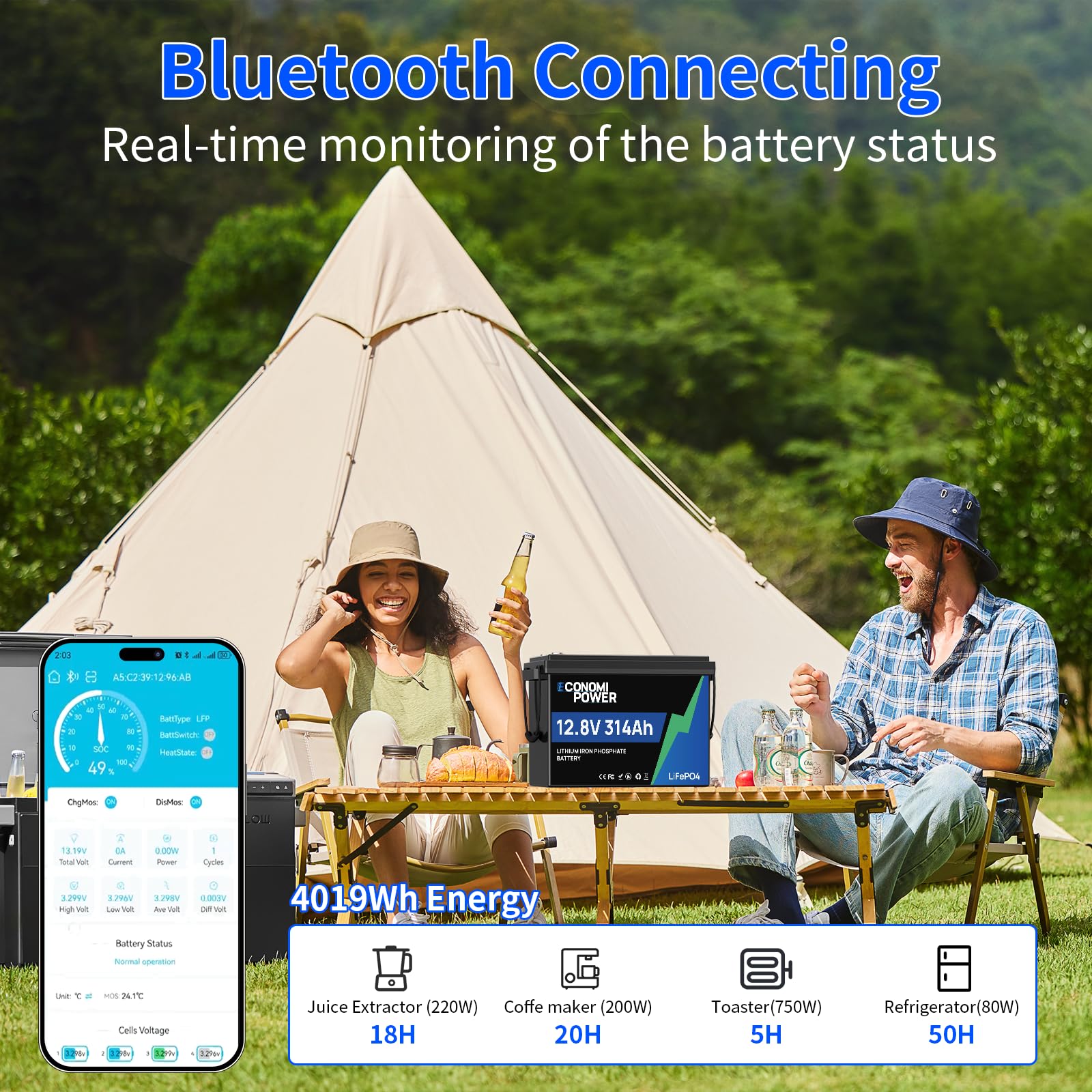 Batteria al litio LiFePO4 da 12 V 314 Ah (300 Ah), BMS intelligente da 200 A con monitoraggio app e oltre 15.000 cicli, alimentazione compatta e affidabile per camper, solare, off-grid e