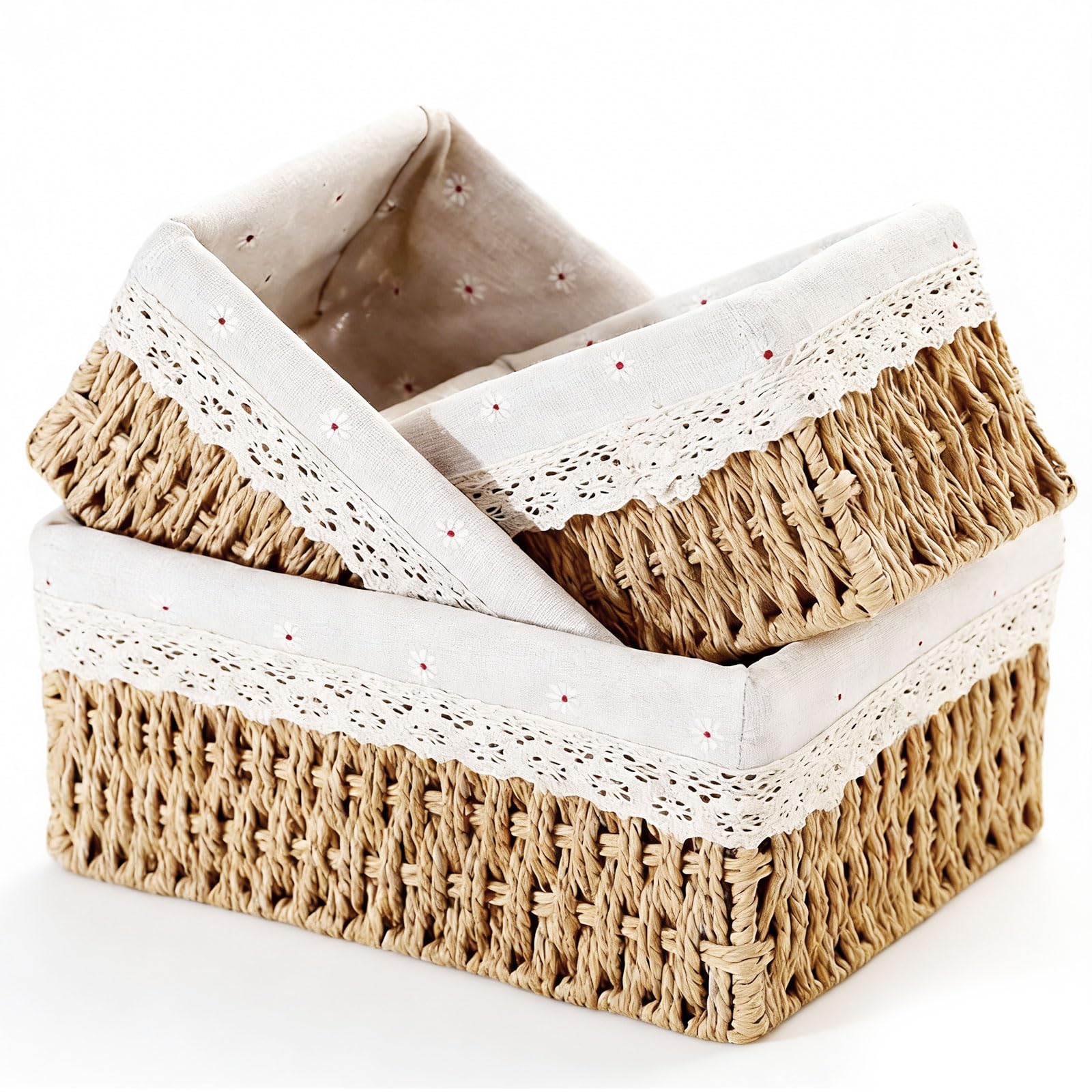 Set of 3 Storage Baskets, 3 Sizes Wicker Bathroom Basket, Small Natural Paper Rope Changing Basket, Woven Hamper Baskets for Shelves, Cosmetics, Makeup, Toys, Table Organiser