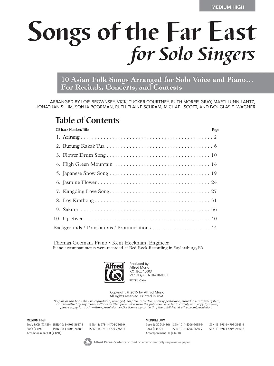 Songs of the Far East for Solo Singers: 10 Asian Folk Songs Arranged for Solo Voice and Piano for Recitals, Concerts, and Contests (Medium High Voice), Book & CD