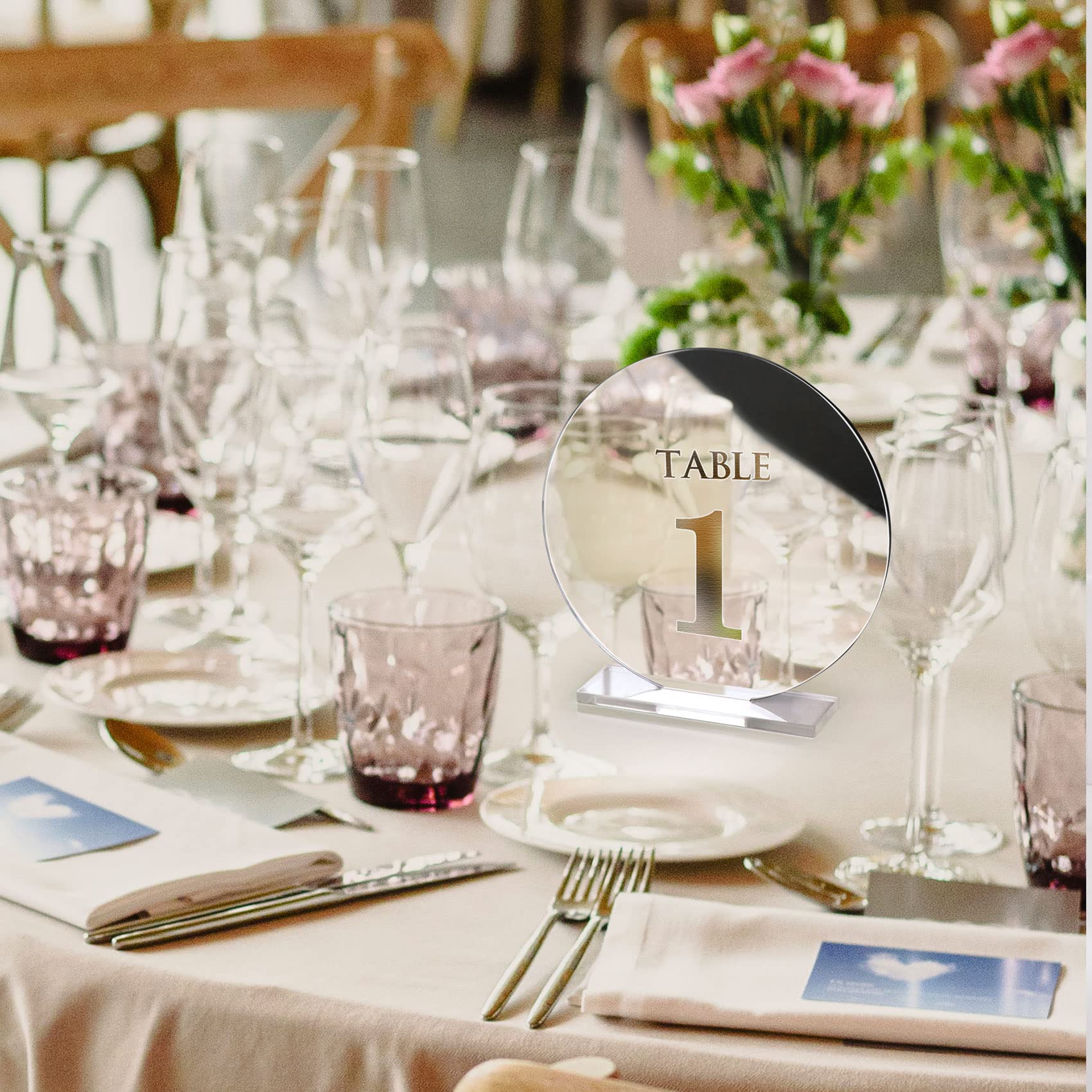 Numéros de table de mariage en acrylique de 1 à 15 avec supports, 12 cm, miroir rond doré, pour réception de mariage, fête, événement, décoration de centre de table (argent, 1 à 15)