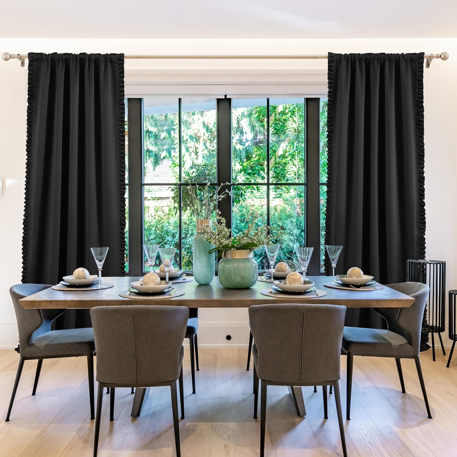 Jubilantex Black Full Blackout Curtains with Ruffle Heavy Solid Thermal Insulated Window Treatment Set Soft Drapes for Bedroom Living Room Light Blocking Rod Pocket Curtain, 40Wx95L, 2 Panels