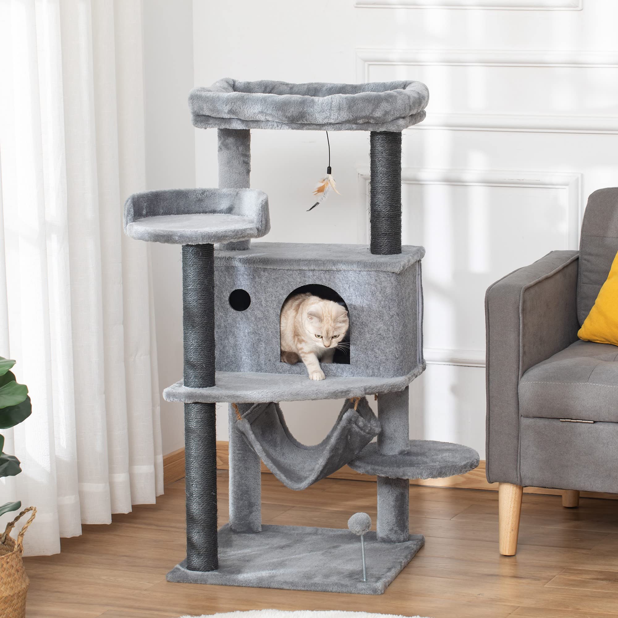 PawHut Albero Tiragraffi per Gatti con Palo, Casetta, 48x48x107 cm, Grigio | Letto, 4 Piattaforme, Amaca e 2 Giochi, Torre per Gatti in Truciolato, Peluche, Sisal e Feltro