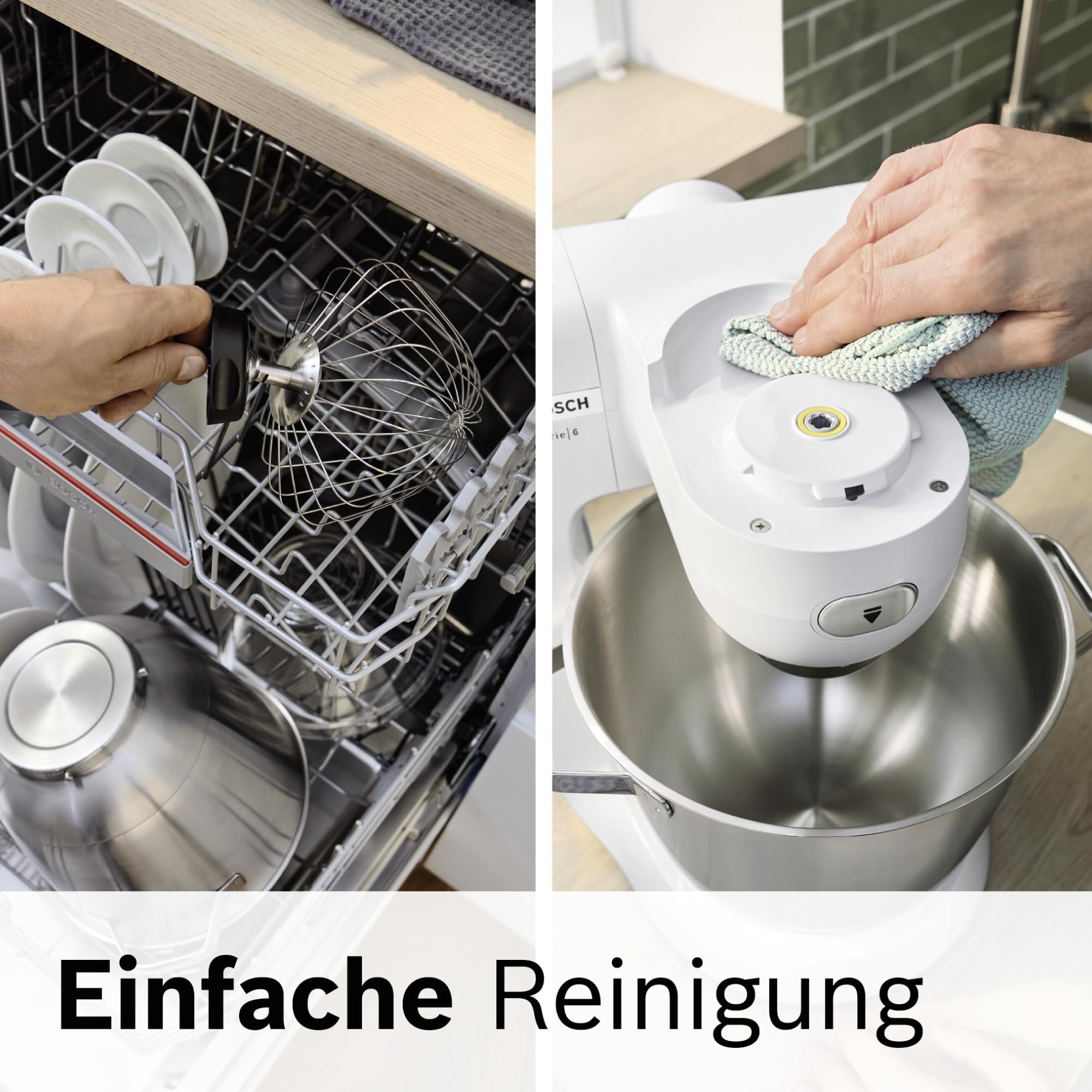 Bosch Küchenmaschine Serie 6, 7 Geschwindigkeitsstufen, 5,5l Schüssel, Durchlaufschnitzler, 3 Scheiben, Knethaken, Rührbesen, Silikonbesen, spülmaschinenfest, 1.600 W, silber/weiß, MUMS6EW13D
