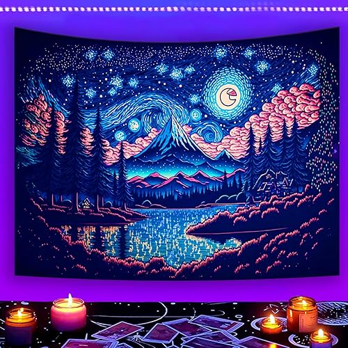 Manicer Tapiz de noche estrellada con luz negra, inspirado en el lago, montaña, luna, estrellas, para colgar en la pared, reactivo a los rayos UV,