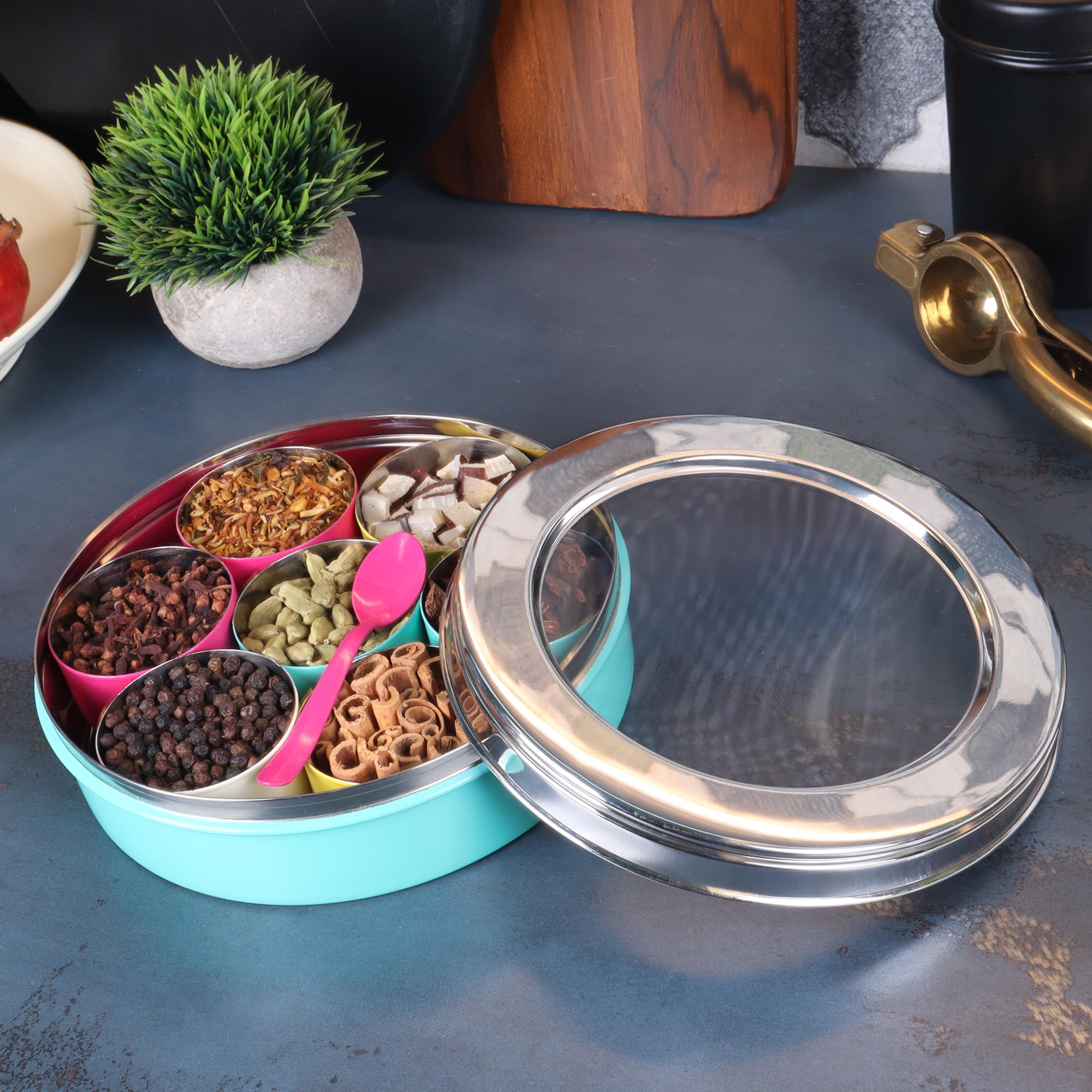 Elan Stainless Steel Masala Box | Spice Storage Container | Masala Dani With 7 Containers and Small Spoon | Masala Dabba For Kitchen See Through Lid | Kitchen Spice Organiser (Aqua) 4