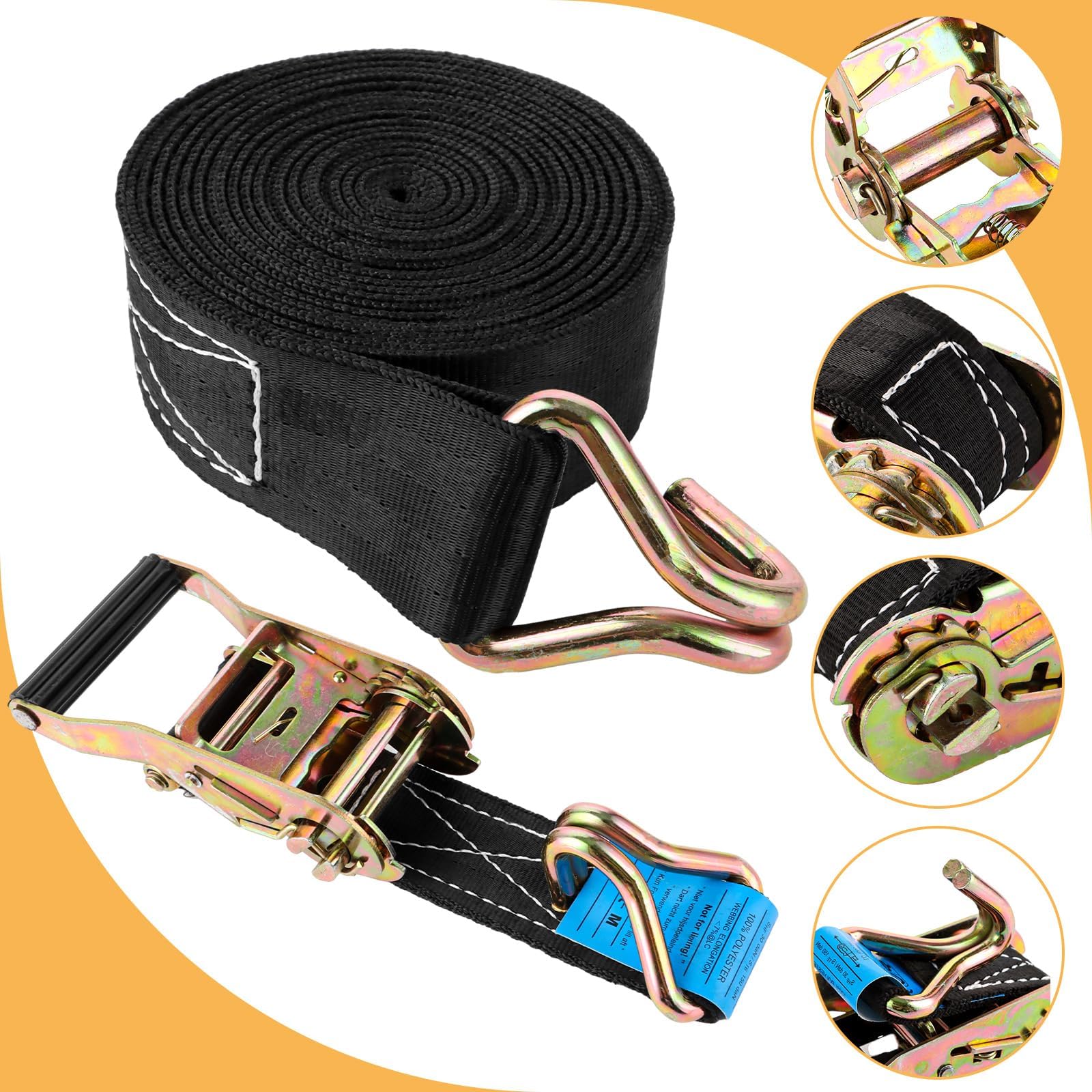 ASelected 4 Jeux de 2000 KG Sangle d'arrimage à Cliquet, 6M×38MM Sangle a Cliquet avec Crochet en Polyester, Sangles de Serrage avec Tendeur à Cliquet pour Remorque, Moto, Voiture