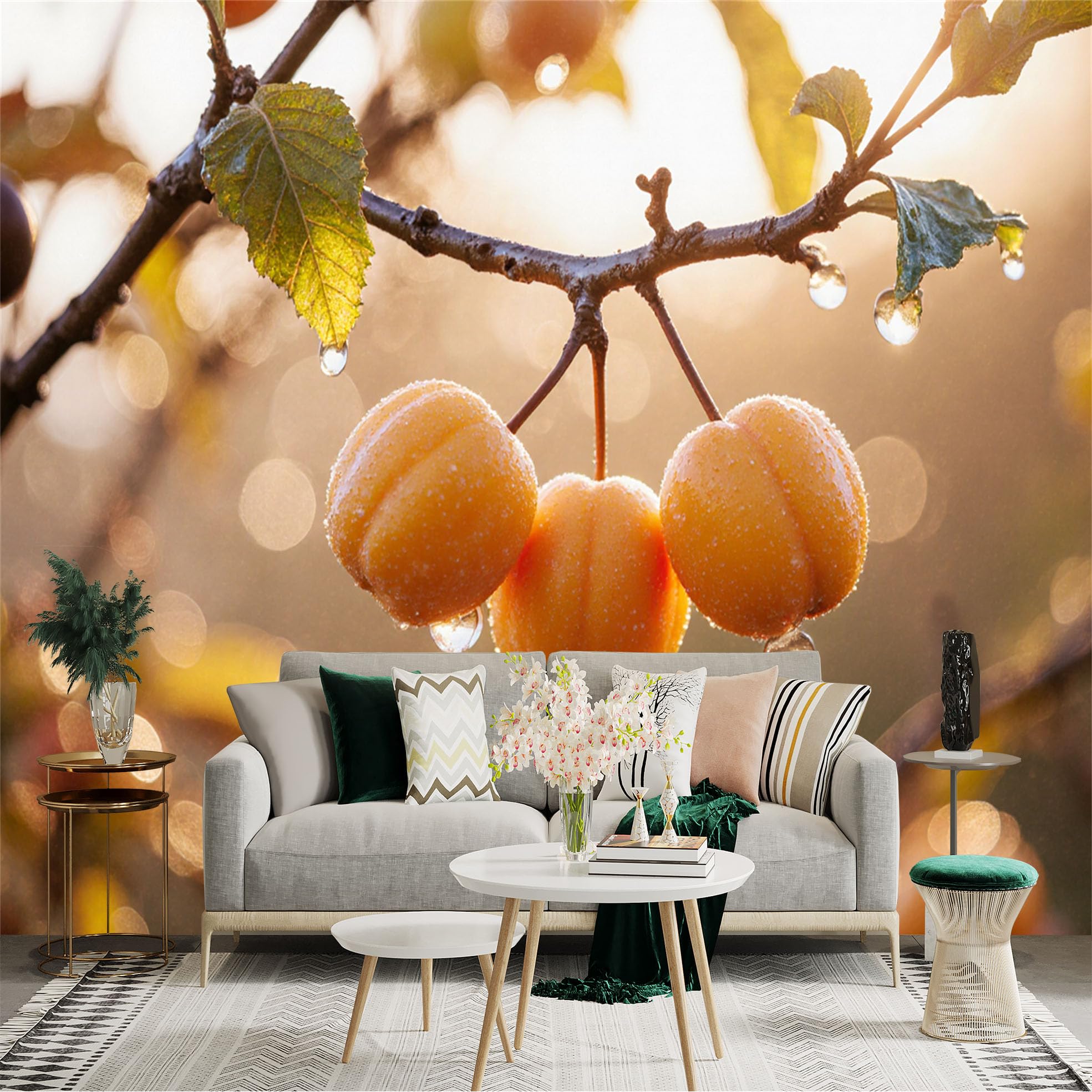Custom Size Wall Sticker Mural， Fresh Yellow Apricots， Dew Drops on Fruit， Morning Sunlight， Natural Orchard View， for wall Decoration， peelandstick wall Decals.