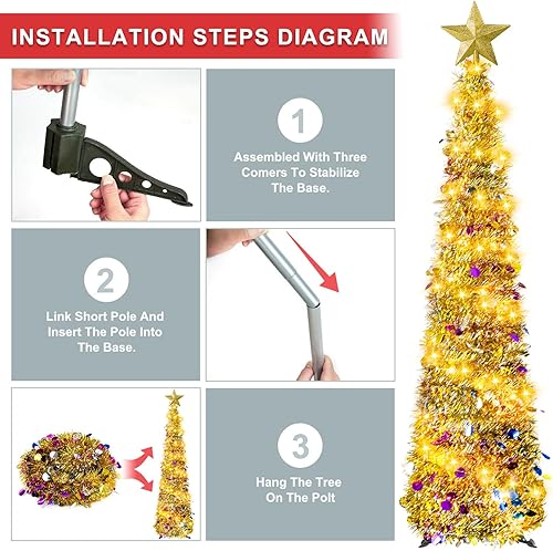 Miniatura 4 de Árbol de Navidad de oropel delgado desplegable de 5 pies con lentejuelas brillantes y rellenas, árbol de Navidad artificial plegable reutilizable