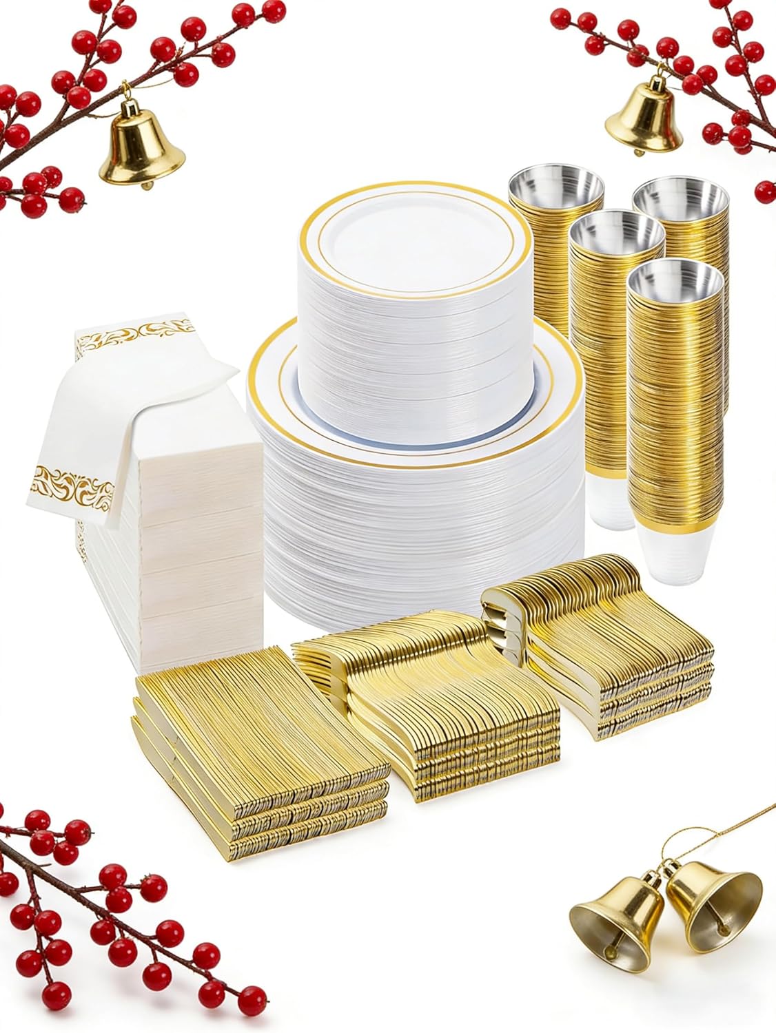 BESTVIP 700 PCS Gold Dinnerware Set for 100 Guests, Plastic Dinnerware Set for Party, Christmas, Include: 200 Plastic Plates, 100 Gold Silverware, 100 Cups, 100 Paper Napkins 100 Guests Gold