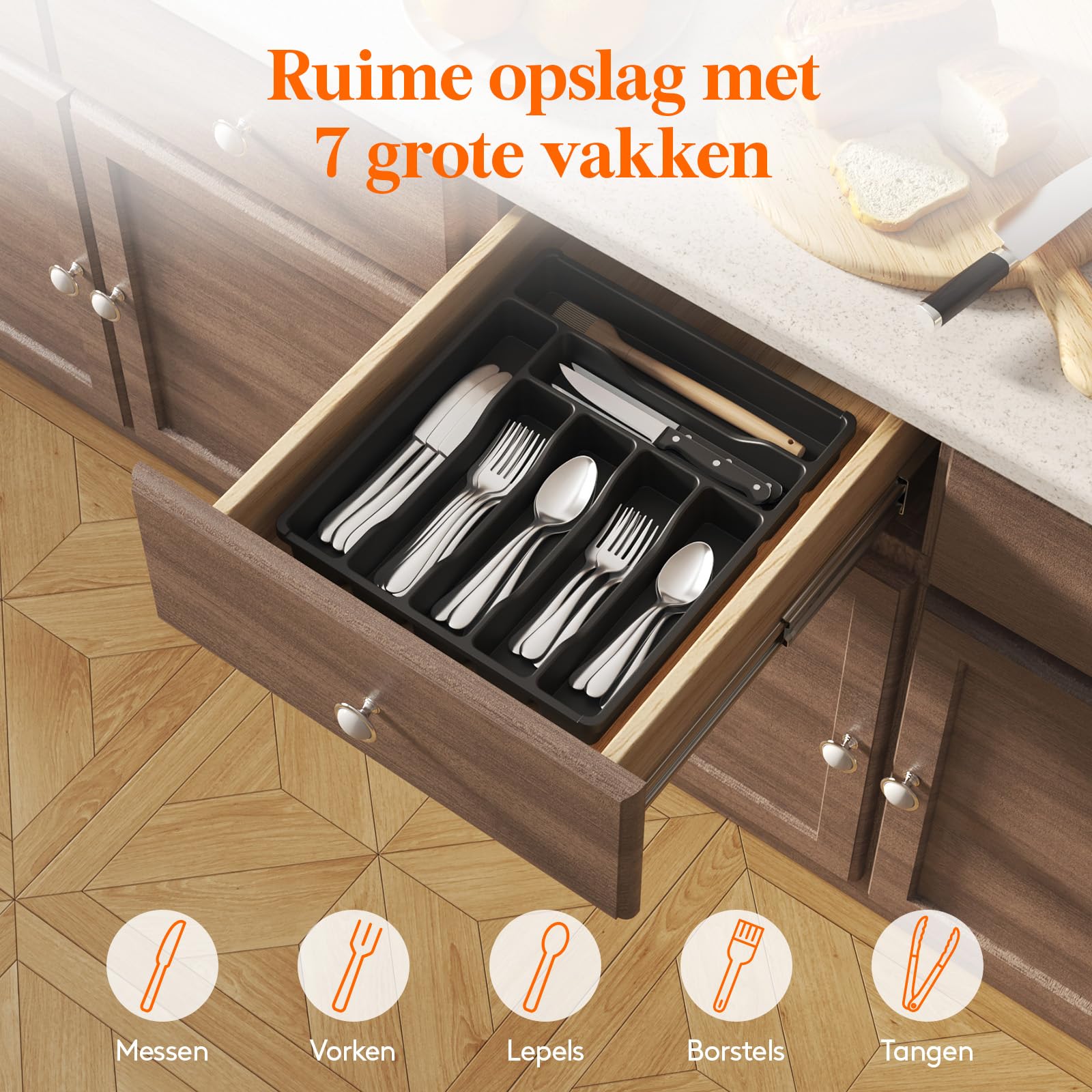 Lifewit Bestek lade organizer, kunststof bestek lade voor keuken lade, gebruiksvoorwerp bestek zilverwerk houder verdeler voor lepels vorken messen servies, 7 compartimenten, zwart Lifewit Bestek lade organizer, kunststof bestek lade voor keuken lade, gebruiksvoorwerp bestek zilverwerk houder verdeler voor lepels vorken messen servies, 7 compartimenten, zwart