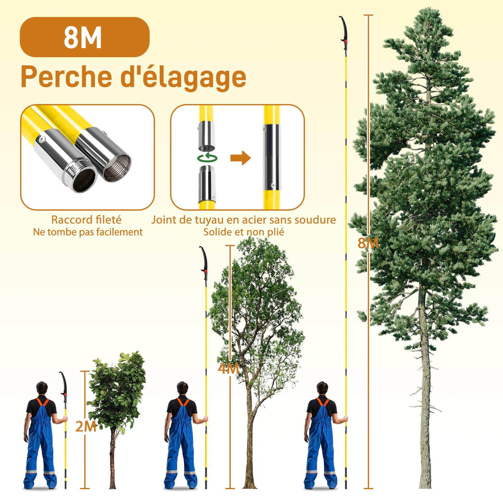 LEADZM Sega per potatura telescopica 2-8 m, lama in acciaio affilata, sega per potatura, con 8 pali in fibra di vetro, taglio ramo telescopico per potatura palme arbusti, giallo