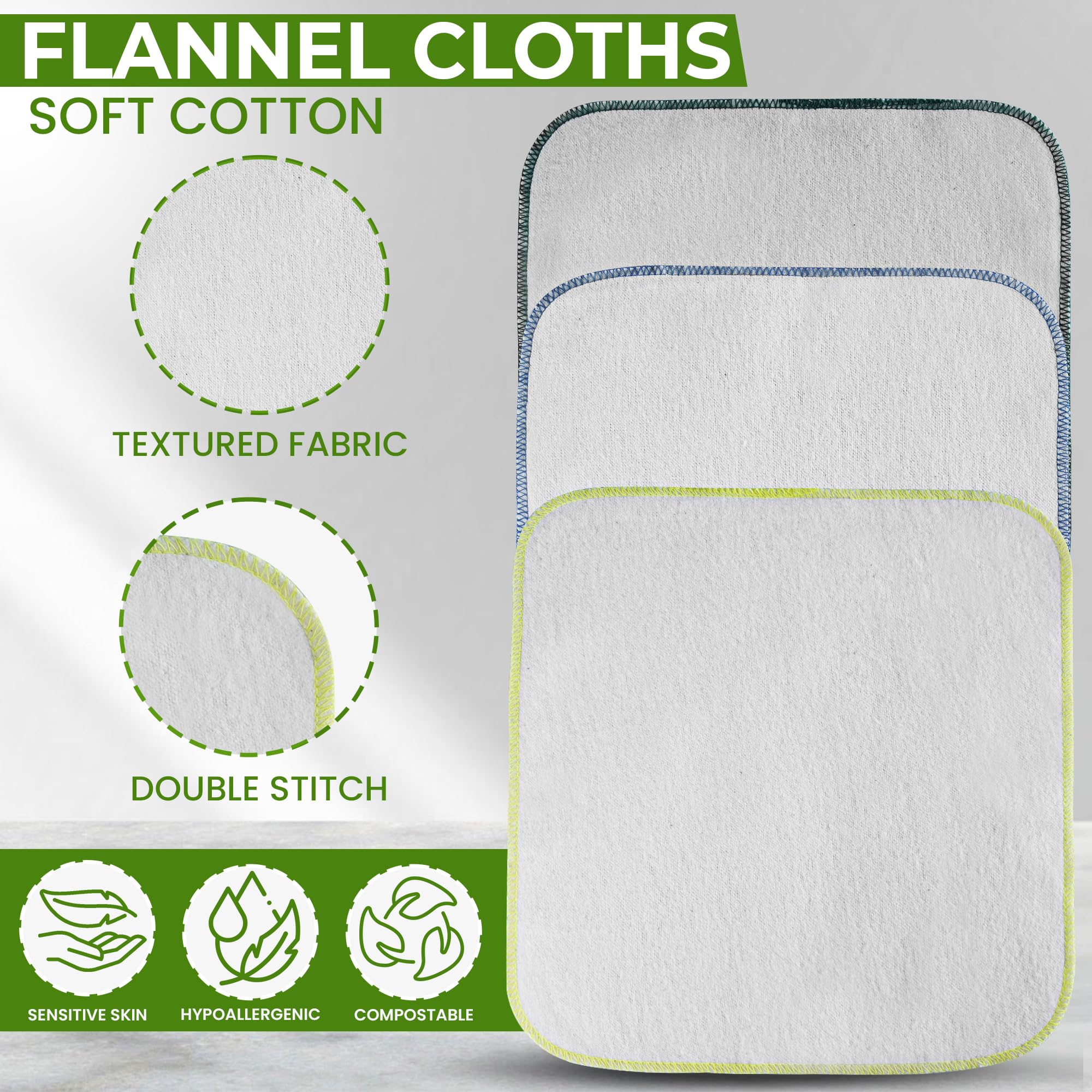 Lorandos Organic Cotton Baby Flannel Washcloths, Pack of 15, 21 x 21 cm, Single Layer, Reusable & Washable Cloth Wipes - Image 2