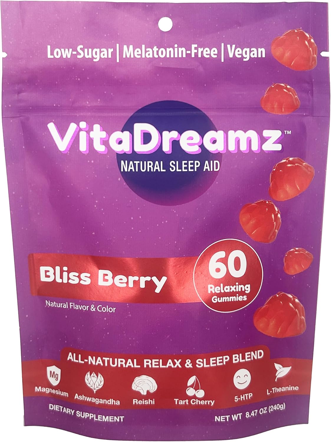 Melatonin-Free Sleep Gummies | Magnesium, Ashwagandha, Tart Cherry & L-Theanine | Natural Calm & Restful Sleep Support | Vegan, 1g of Sugar | 60 Count - Bliss Berry