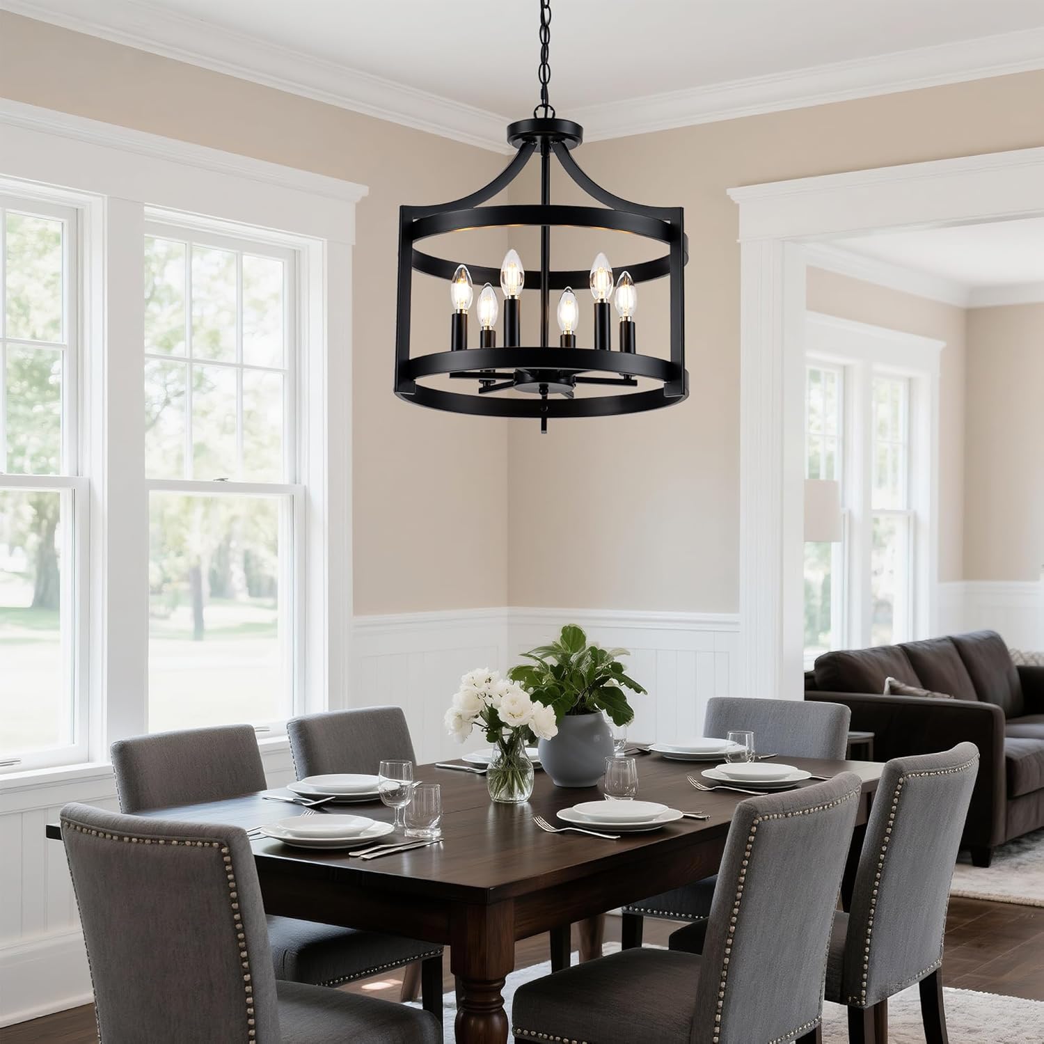 6-Lights Black Farmhouse Chandelier, Convertible Semi Flush Mount Ceiling Light Fixture, Modern Industrial Chandelier Hanging Light Rustic Round Cage for Dining Room Kitchen Foyer Entryway