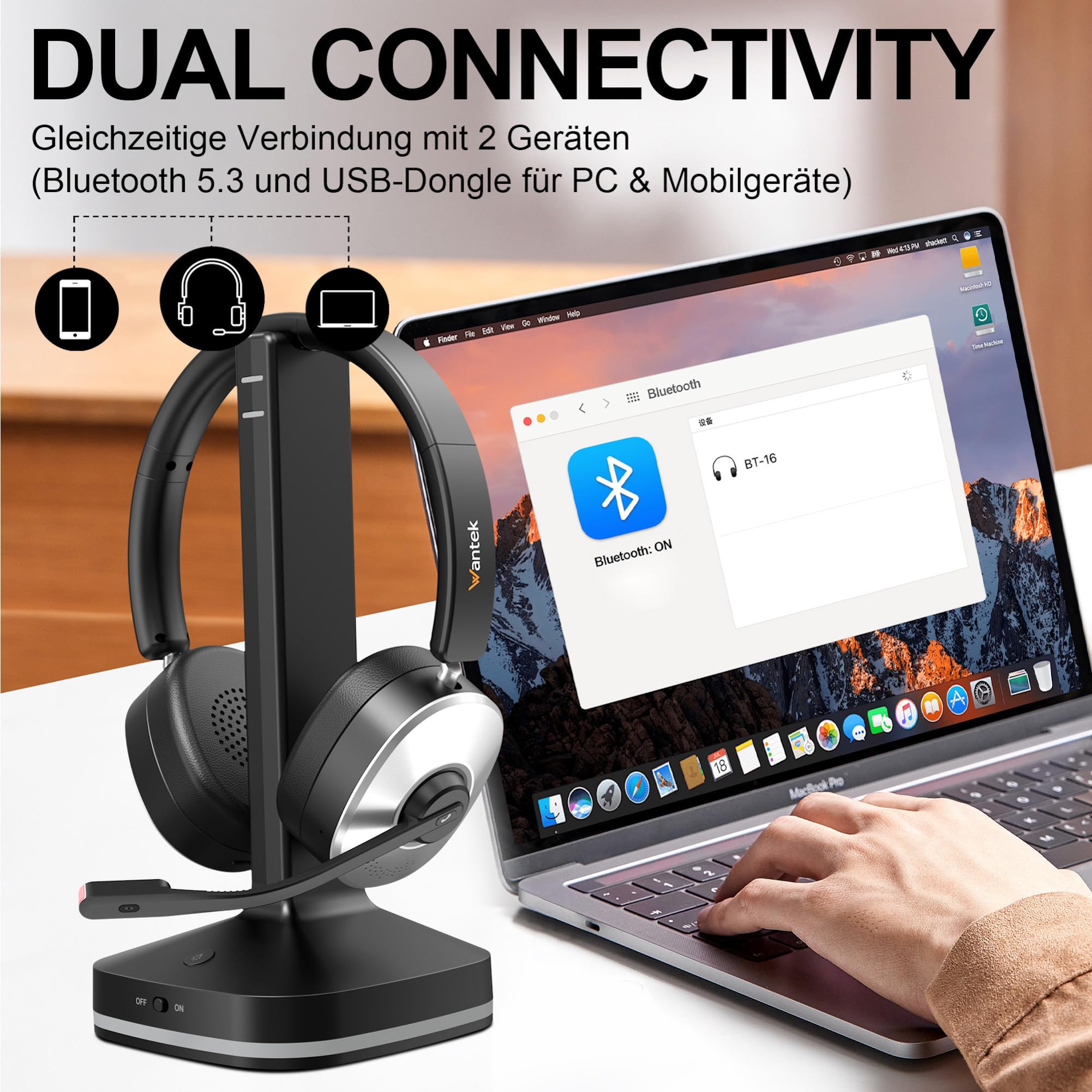 Wantek Bluetooth Headset mit Mikrofon,Kabelloses Headset mit USB-Dongle & Ladestation,Noise Cancelling Mikrofon,55 Std.Akku,Stummschalttaste,Büro Headset für PC Laptop,Handy,Home Office,Teams Zoom