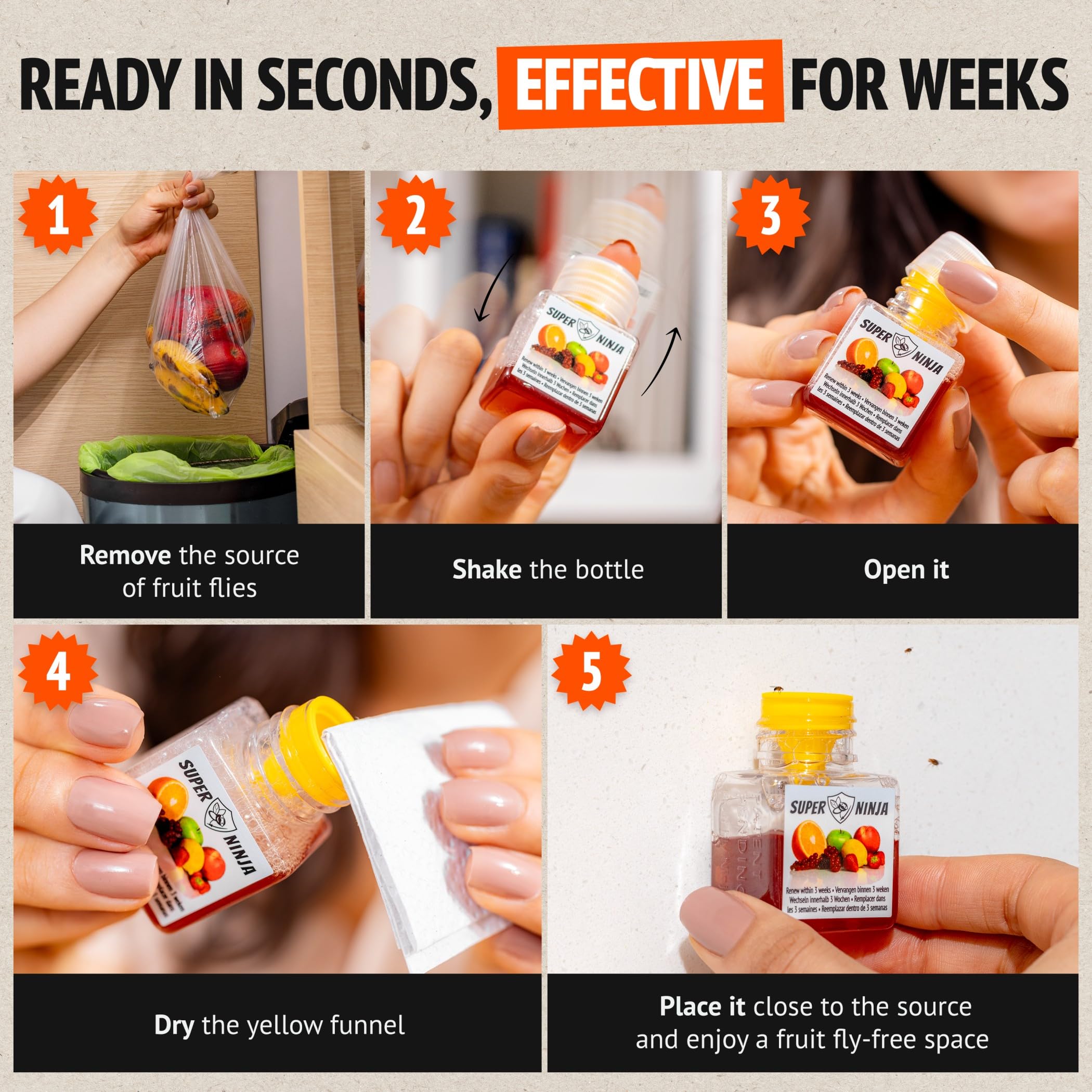 Super Ninja Fruit Fly Trap, 6 pack, Highly Effective Fruit Fly Killer for Home & Kitchen - Image 3