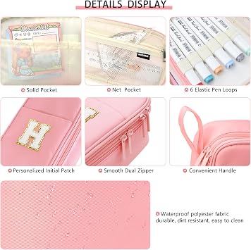 Extra Large Pencil Case,Big Capacity Pencil Pouch,Personalized Initial Pencil Bag with smooth zipper,Multiple Pockets,Cute Aesthetic Stationery Pen Case Bag for Teen Girls College (Pink, H)