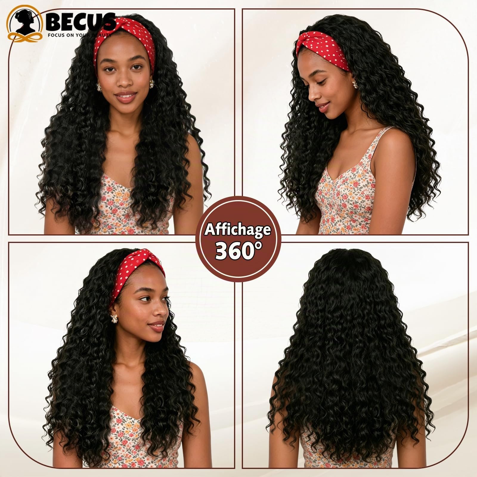 BECUS Perruque Bandeau Femme Bouclée Noire Naturelle 18 Pouces, Headband Wig Demi-Tête Sans Colle avec Bandeau, Aspect Naturel, Prête à Porter pour Usage Quotidien, Fêtes, Soirées et Débutantes