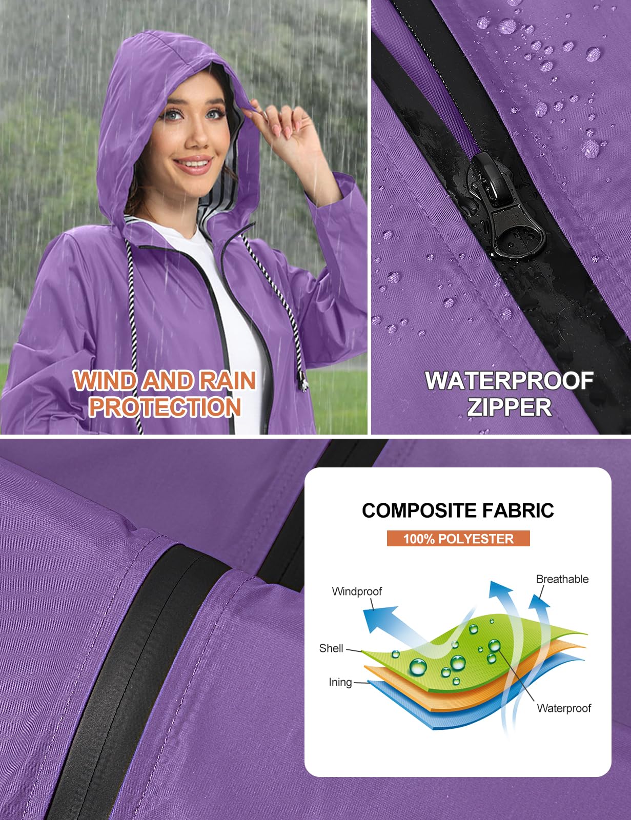 UMIPUBO Vestes Imperméables Femme avec Capuche Zip Poncho Pluie Léger Vêtements de Pluie pour Randonnée Camping Activités