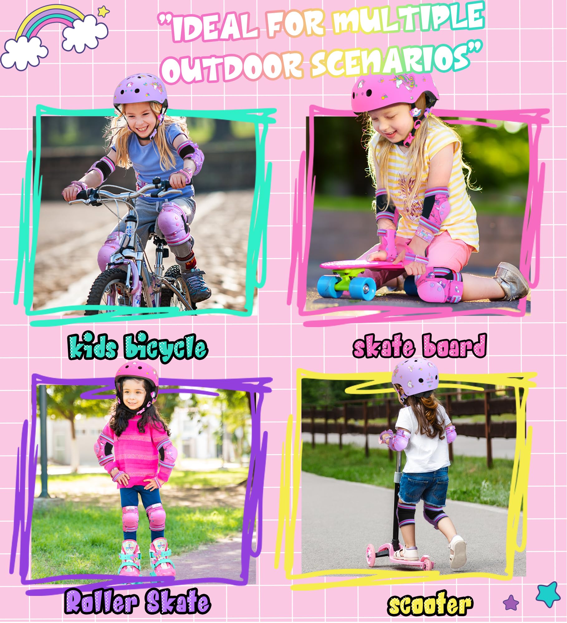Unicornio Rodilleras Protección Patines Infantiles con Bolsa de Cordón para Patinaje Skateboard Bicicletas
