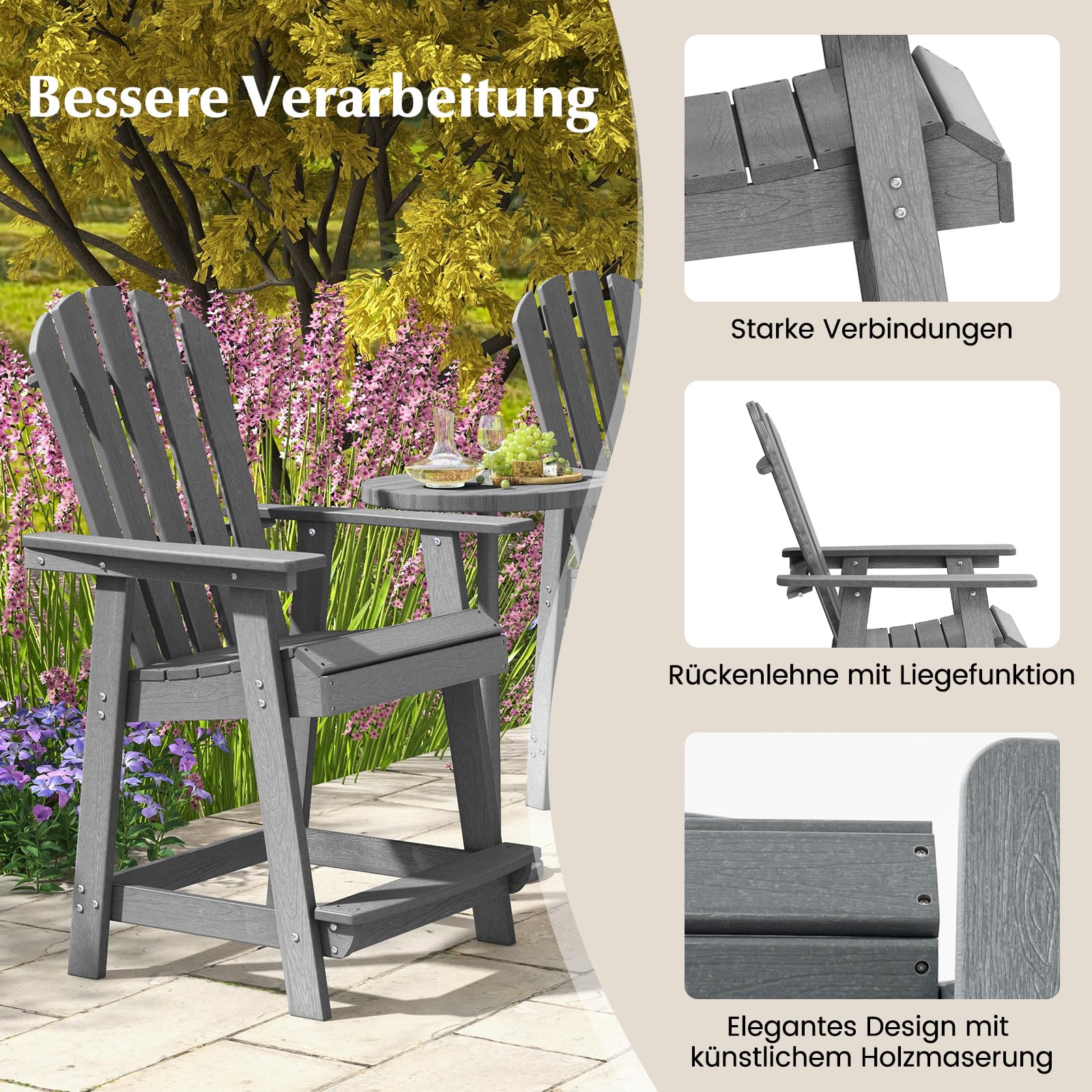 COSTWAY Hoher Adirondack Stuhl mit Fußstütze, wetterfester Barhocker aus HDPE, Balkonstuhl mit Armlehne, Outdoor Adirondack Chair für Garten, Terrasse (Grau)