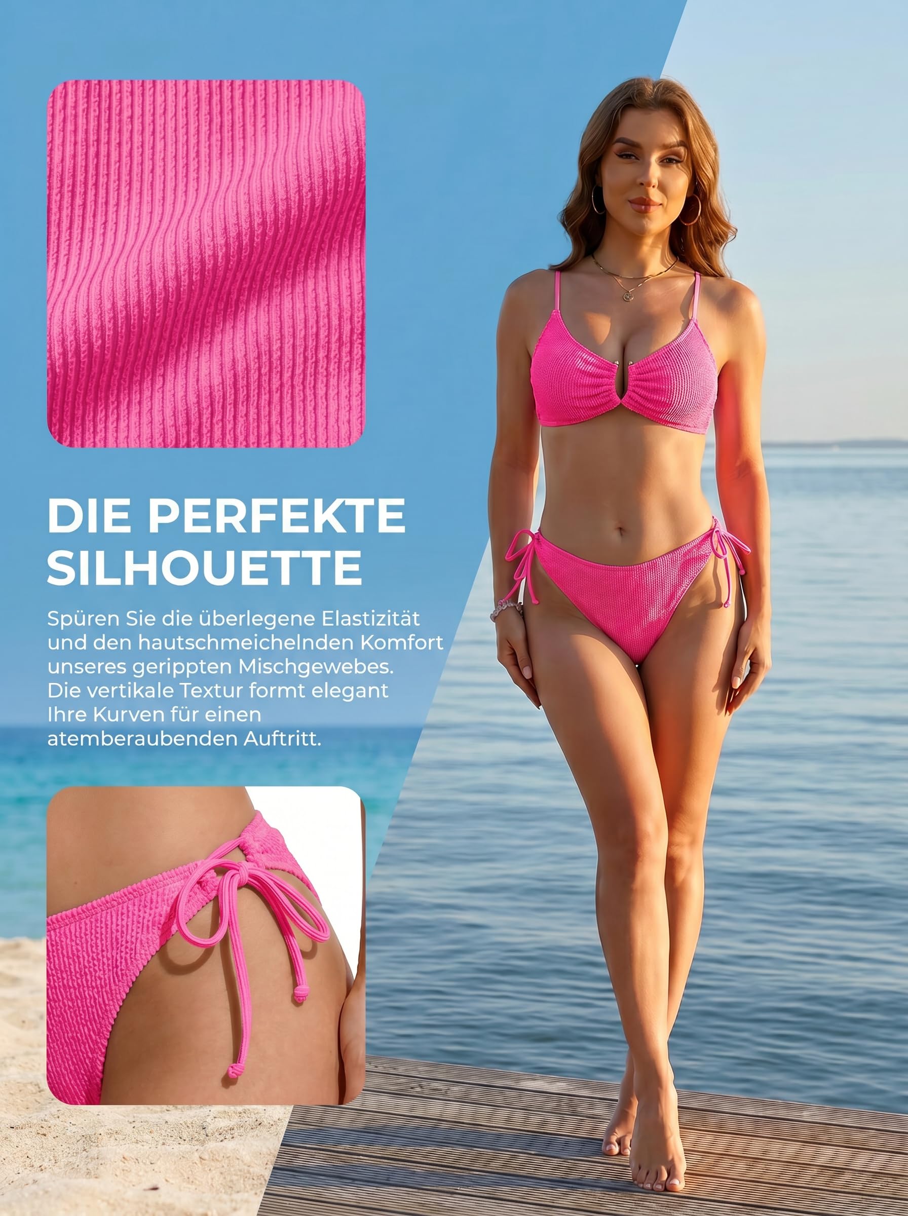 Horisun - Conjunto de bikini para mujer de dos piezas de tejido crujiente estructurado, Push Up, parte superior con armadura en U, tirantes ajustables, bragas cheeky con cordones laterales