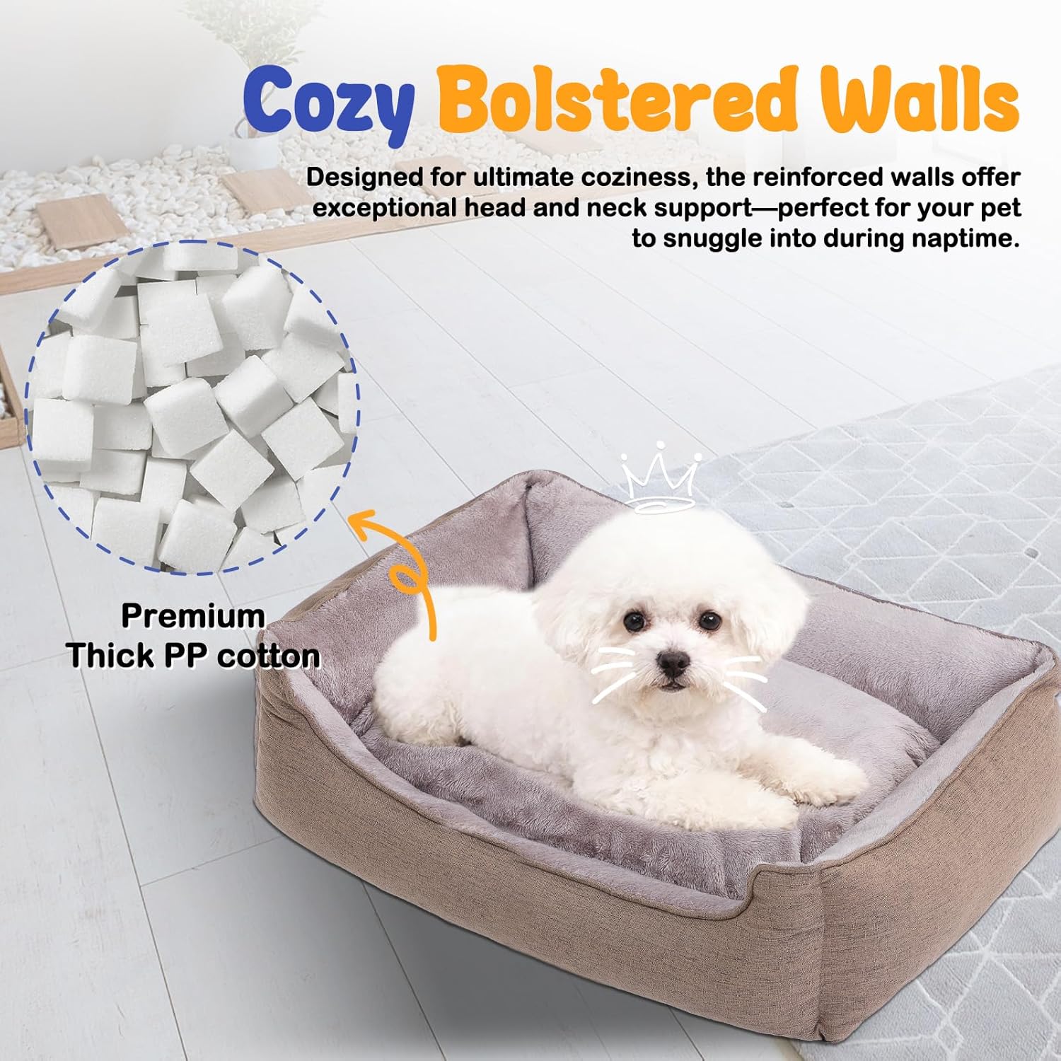 Makigued Rectangle Dog Bed for Medium Size Dog with Removable Washable Cover Pet Bed with Bolster Sides Non-Slip Bottom Pet Sofa Waterproof Lining Durable Pet Cuddler, Light Brown, 25x 20x 6.7 in