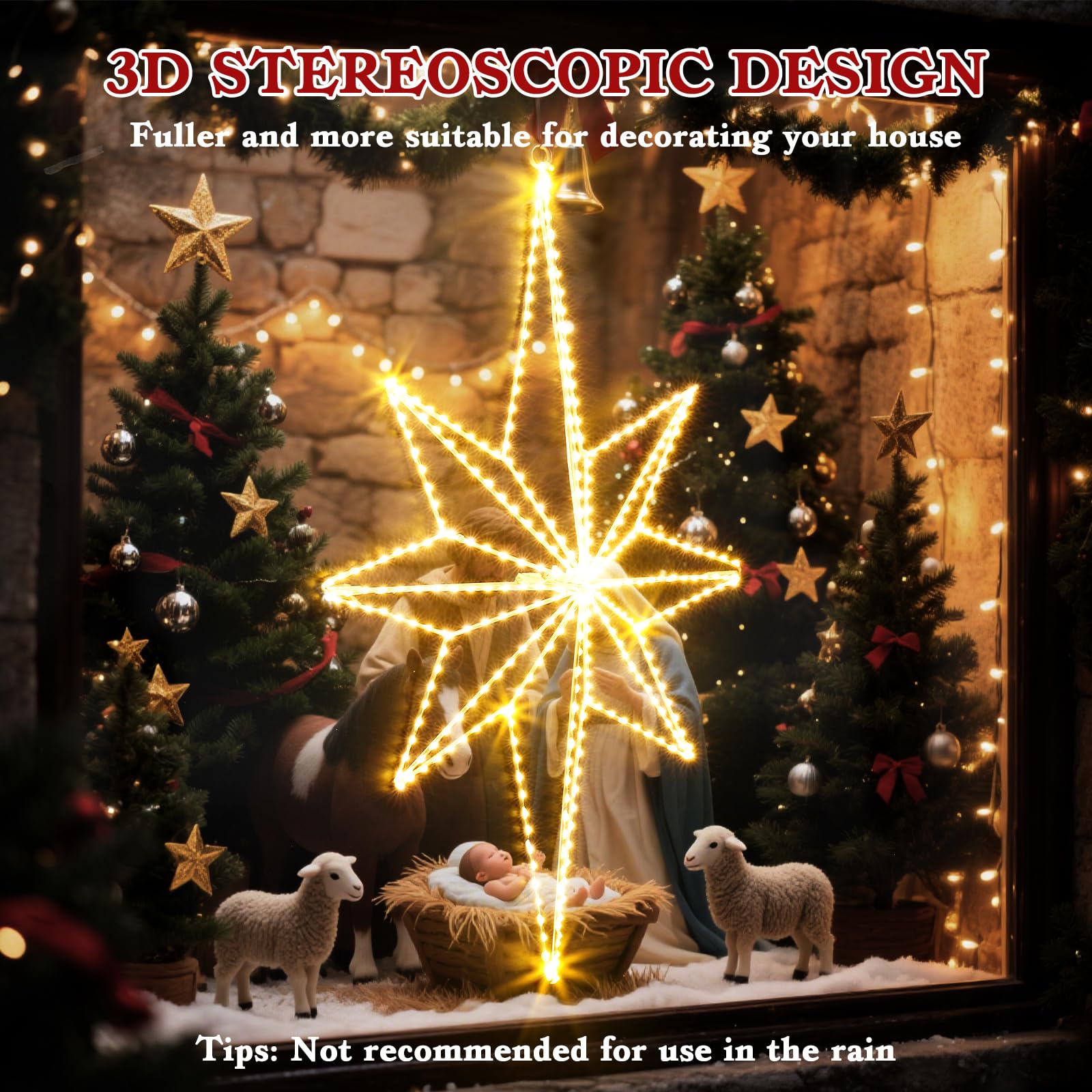 Quntis 62cm 360 LED Weihnachtsstern beleuchtet, 3D Große Weihnachtsdeko Strombetrieb Warmweiß Stern Fensterdeko faltbar, Bethlehemstern Weihnachtsbeleuchtung Innen Außen Fenster Wand Tür Balkon Garten