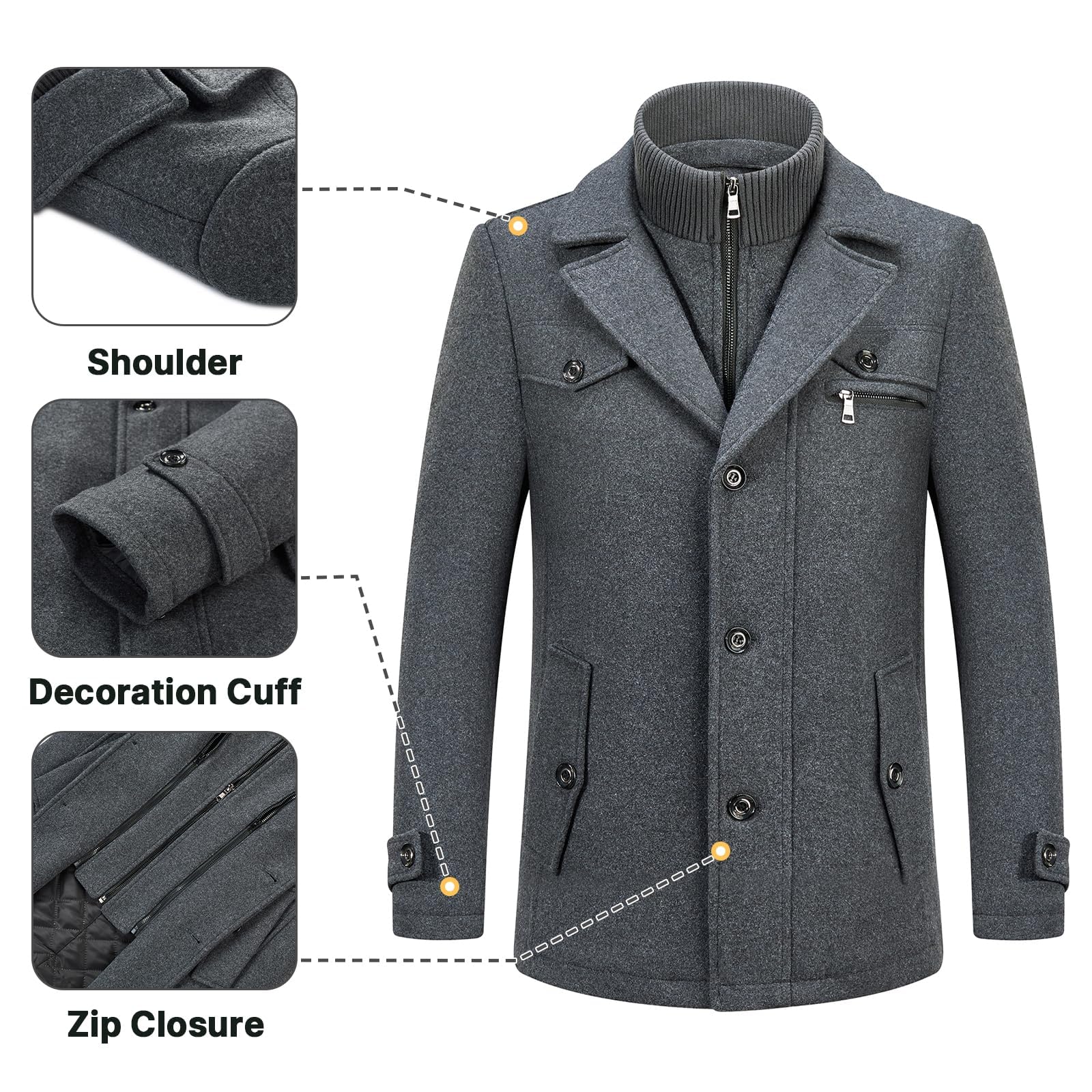 KUDORO Manteau Homme en Laine Chaud Mi-Long Hiver Trench Coat Slim Fit Classique Parka Pardessus Caban Business Duffle-Coats Coup-Vent Revers Overcoat