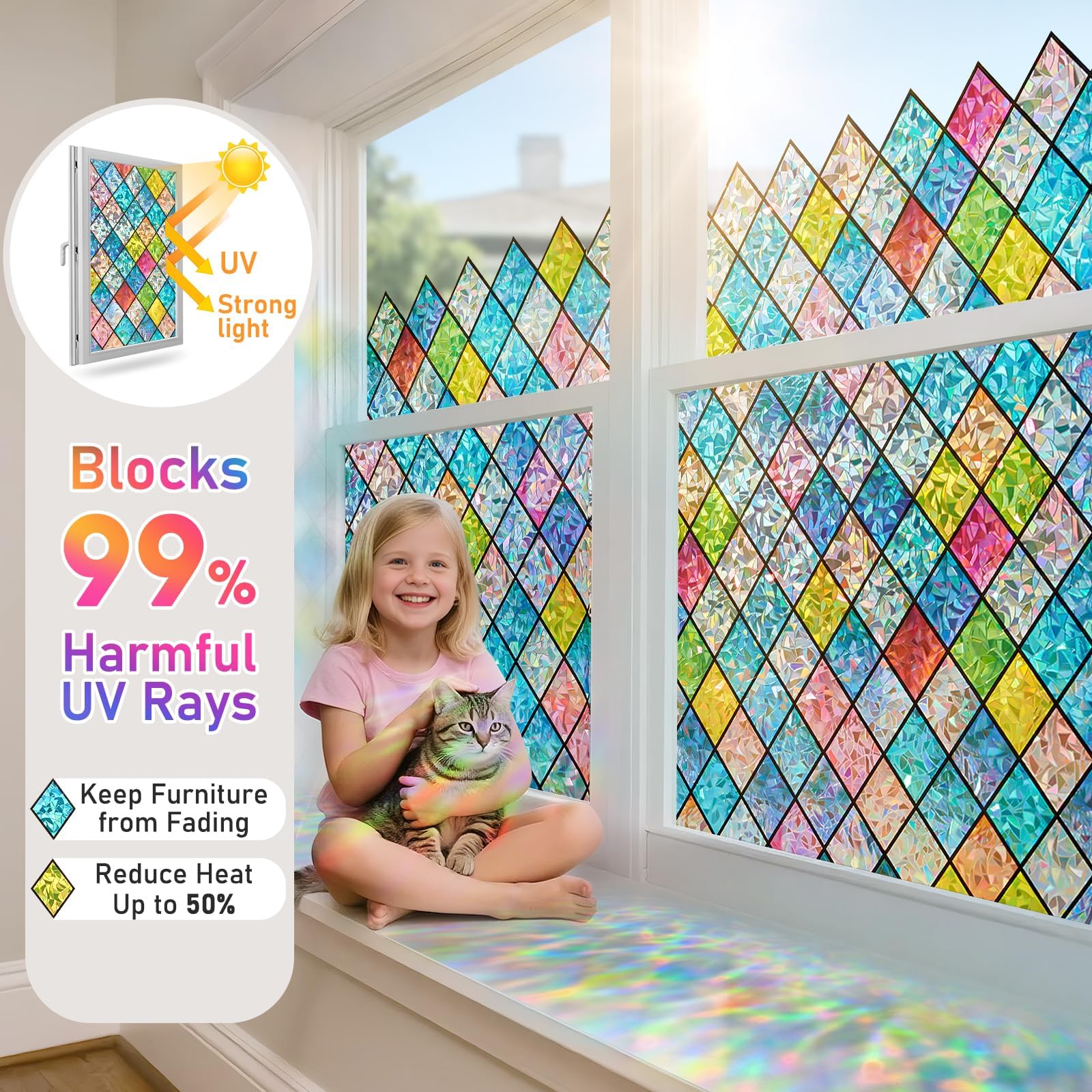 Beautysaid Film de fenêtre en Verre dépoli avec Motif Arc-en-Ciel, Anti-UV, Statique, sans Colle, pour Maison, Chambre à Coucher, Salle de Bain, Bureau, 60 x 400 cm