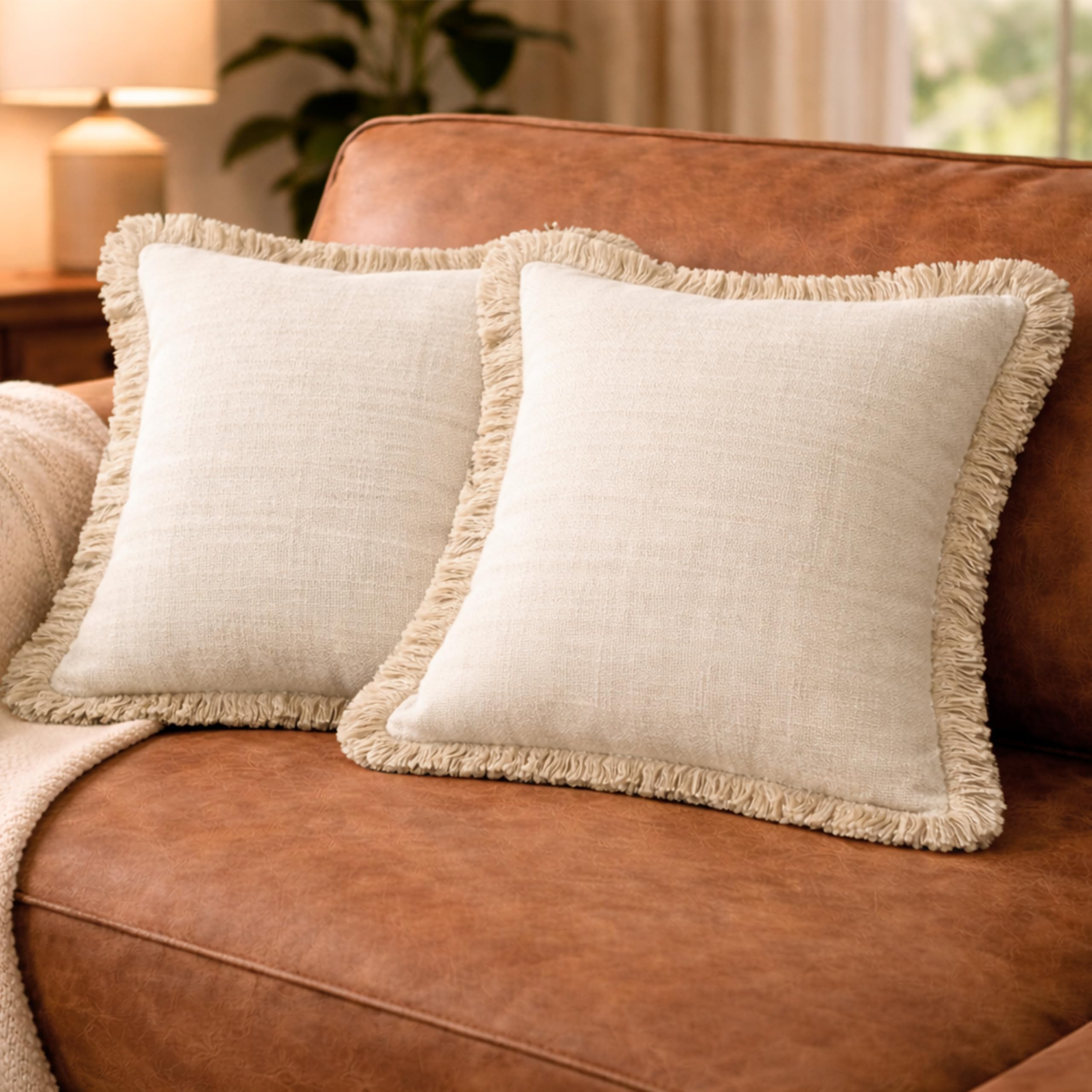 Fundas de Cojín Boho 45x45 cm de Algodón con Flecos Beige – Estilo Mediterráneo Natural Rústico – Decoración para Sofa Cama Salon Dormitorio Algodon – Blanco Roto 2 Unidades