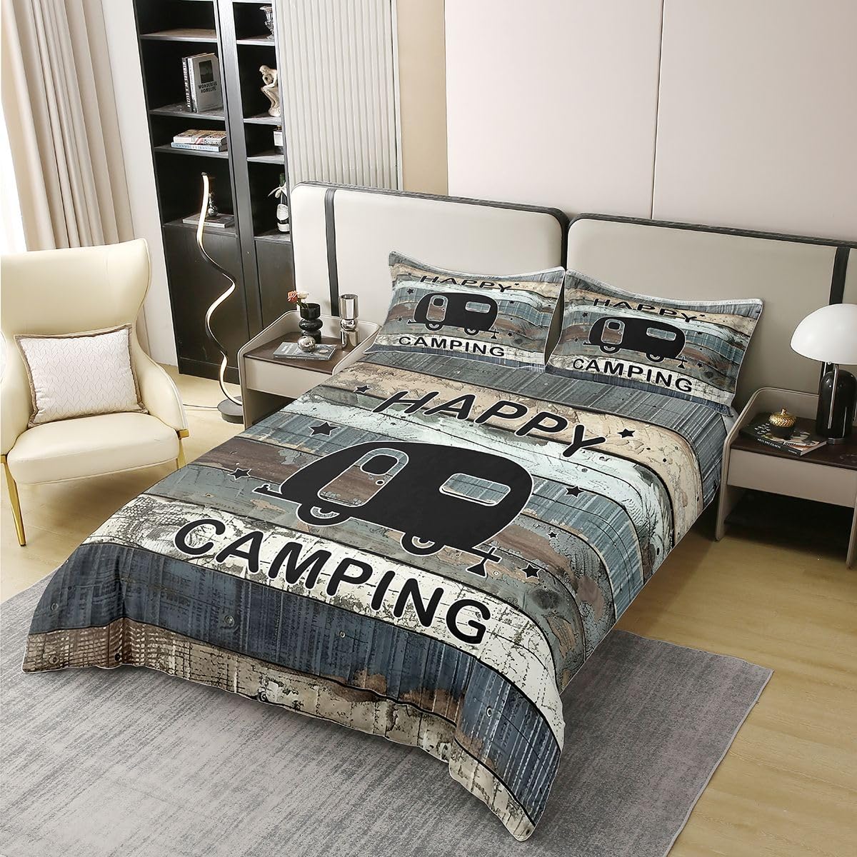 Homewish Happy Camping podwójna pościel zestaw czarny kamper bawełna poszewka na kołdrę vintage drewniane deski poszewka na kołdrę rustykalne zestawy łóżek wiejskich